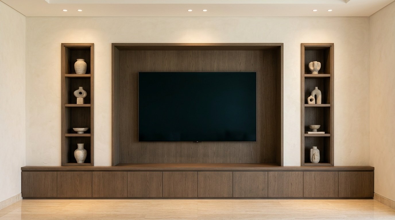 Custom built-in TV alcove and flanking display columns in smoked oak veneer in Arabian Ranches Dubai villa living room