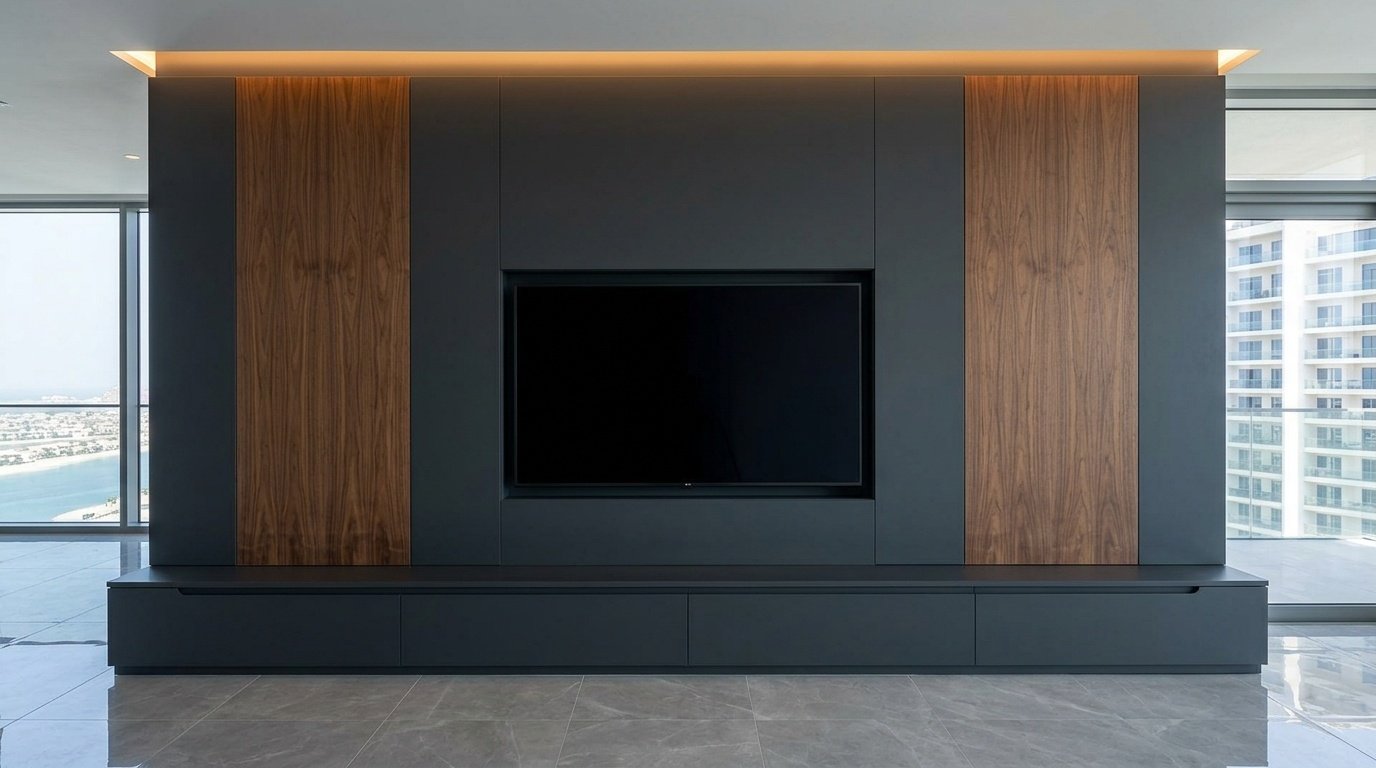 Built-in TV feature wall in charcoal lacquer with bookmatched veneer panels and LED cornice lighting in Palm Jumeirah apartment