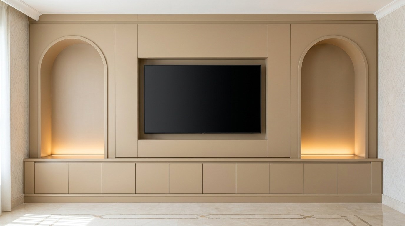 Custom built-in TV wall with arch-top display niches and LED uplighting in Khalifa City Abu Dhabi villa living room