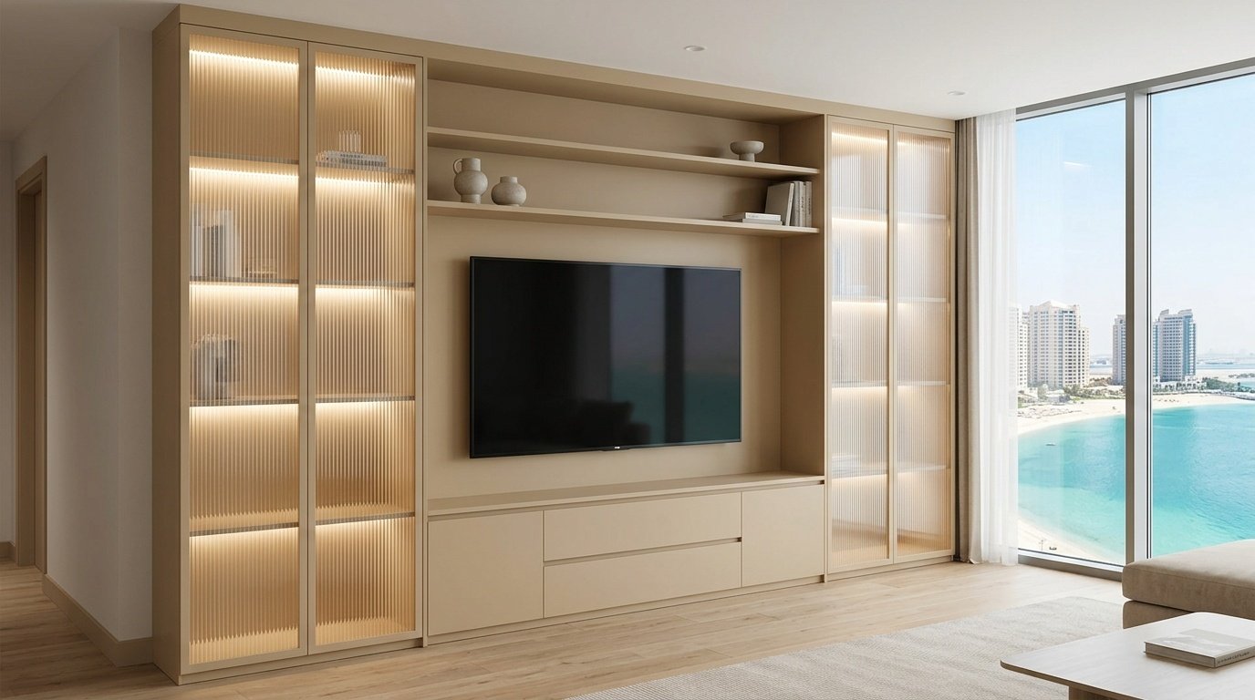 Custom TV wall unit in sandy beige with backlit reeded glass columns in Al Raha Beach Abu Dhabi apartment living room