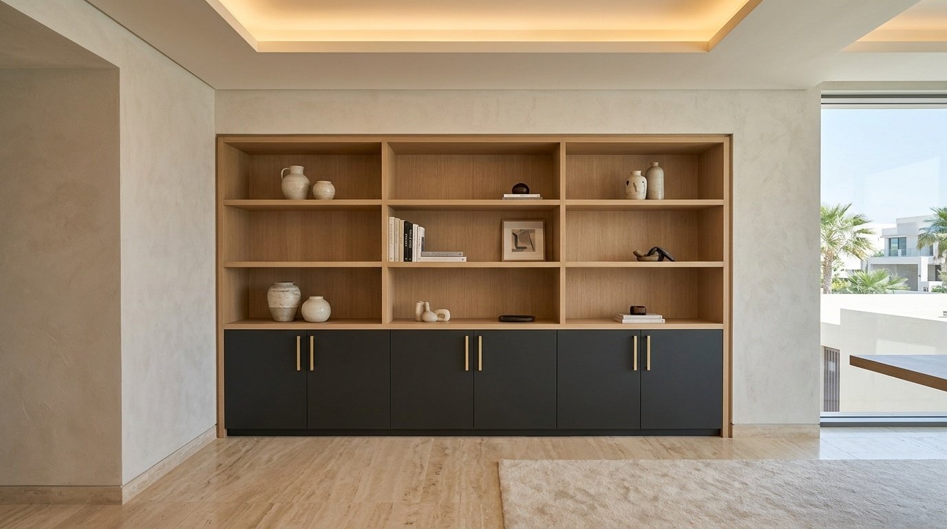Two-tone charcoal and oak dining sideboard with gold handles installed in Abu Dhabi villa by Karnak Carpentry
