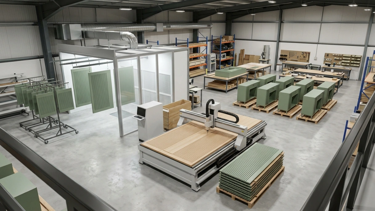 In-house UAE carpentry facility showing CNC routing, lacquer finishing, and assembly zones for entryway joinery production by Karnak Carpentry
