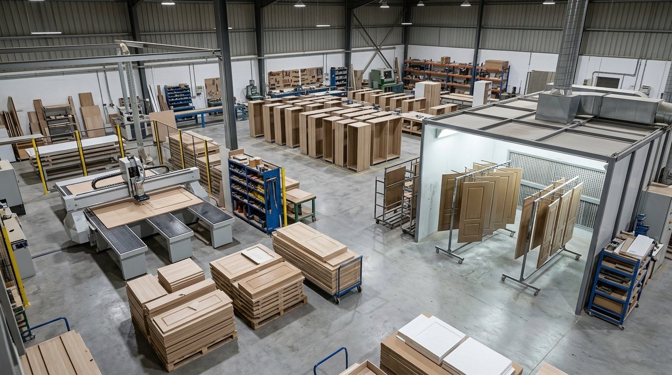 In-house UAE carpentry manufacturing facility showing CNC cutting, lacquer finishing, and assembly zones for living room joinery production by Karnak Carpentry