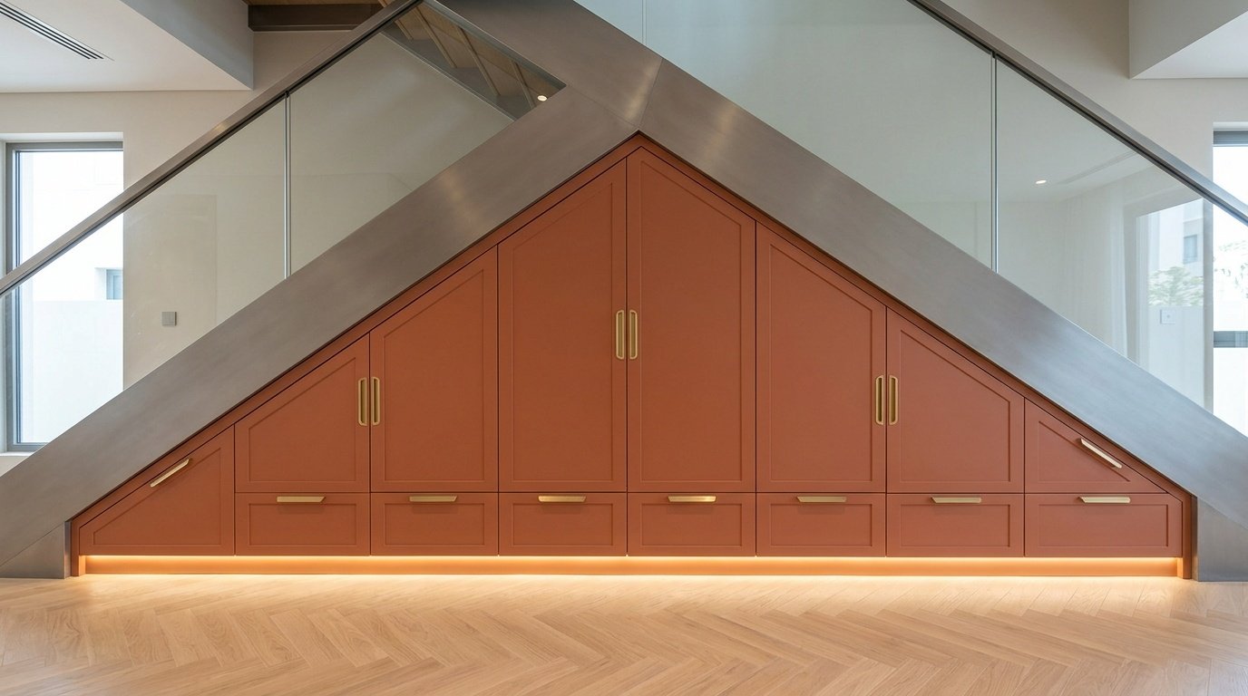 Custom under-stair fitted storage cabinets in terracotta lacquer with brass hardware in a Dubai townhouse living room by Karnak Carpentry