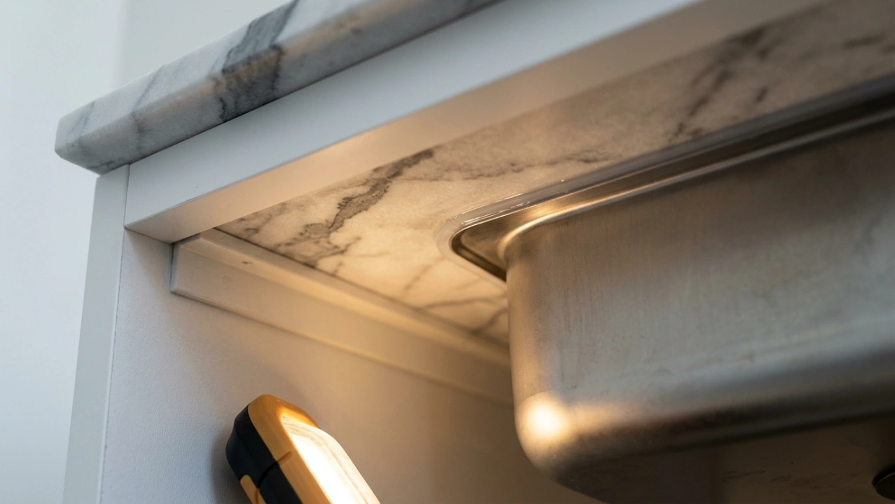 Precision undermount sink installation detail showing Calacatta marble countertop edge profile and silicone bond in a UAE villa bathroom by Karnak Carpentry