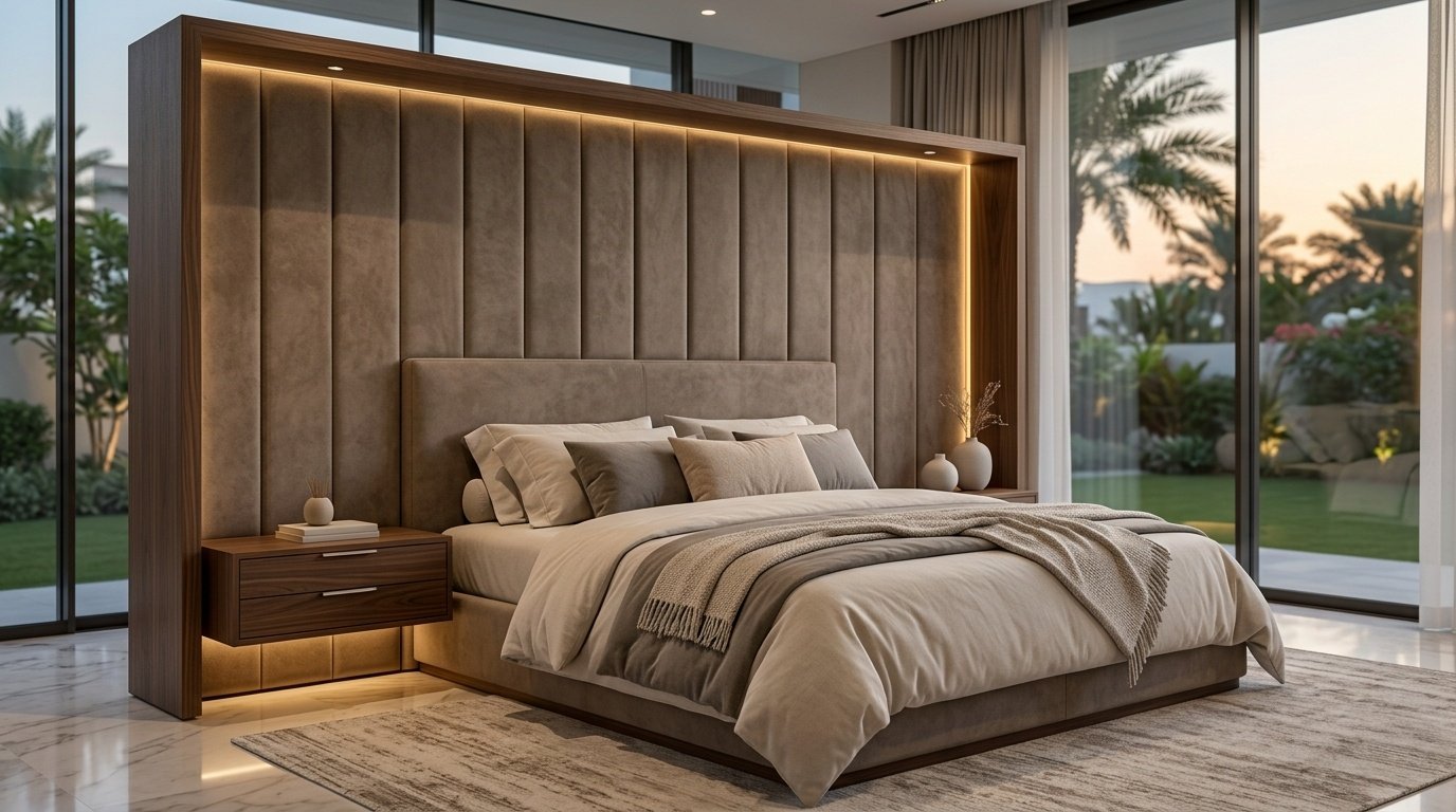 upholstered headboard Dubai bedroom custom bed surround carpentry UAE