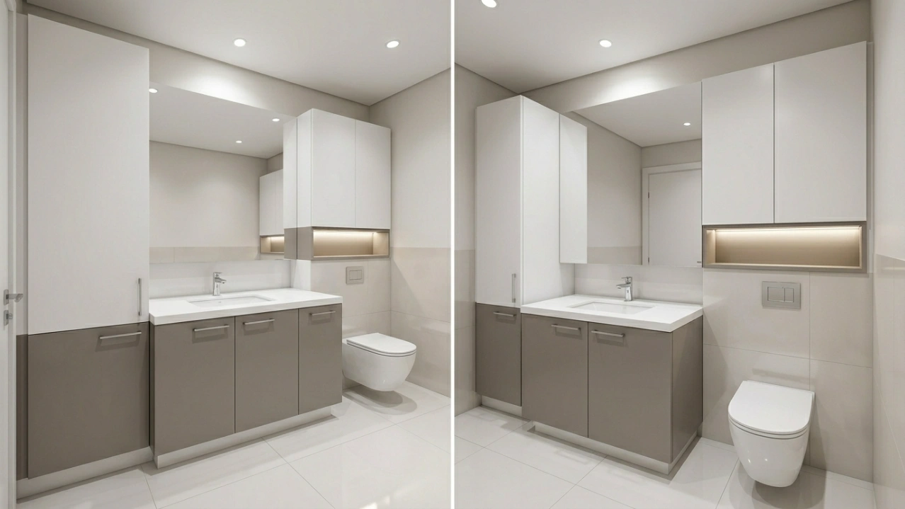 Practical white and grey two-tone bathroom vanity with over-toilet cabinet and open shelf niche in a UAE apartment by Karnak Carpentry