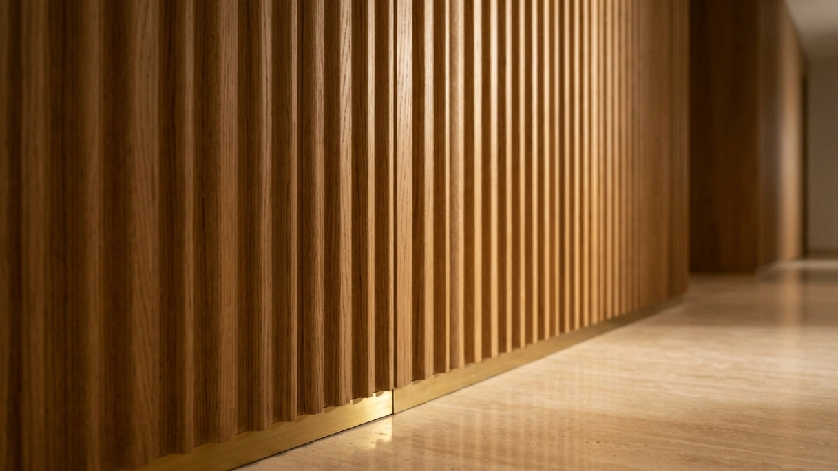 CNC-routed vertical fluted solid oak wall paneling with honey oil finish and brass floor threshold in a UAE villa corridor by Karnak Carpentry