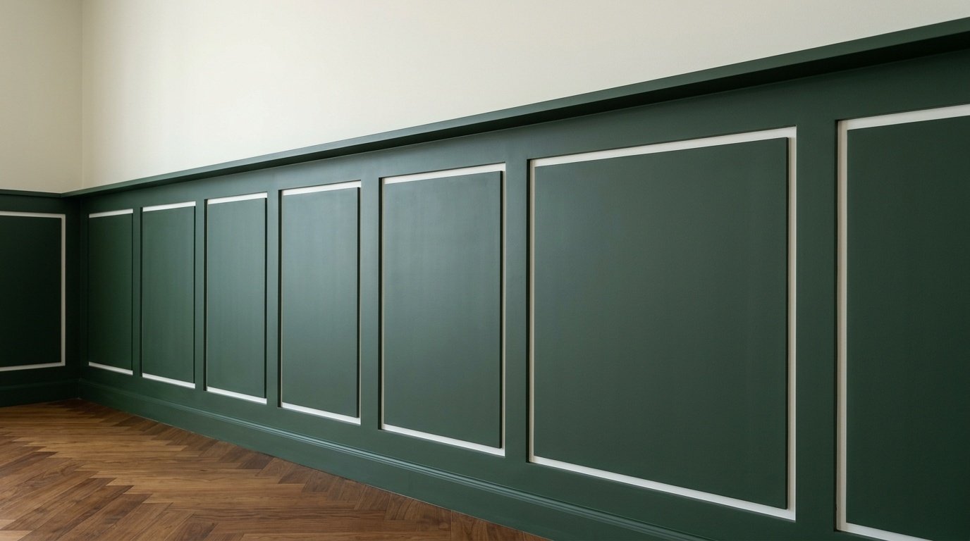 Custom built-in wainscoting wall panelling in forest green with white reveals in Mirdif Dubai villa living room