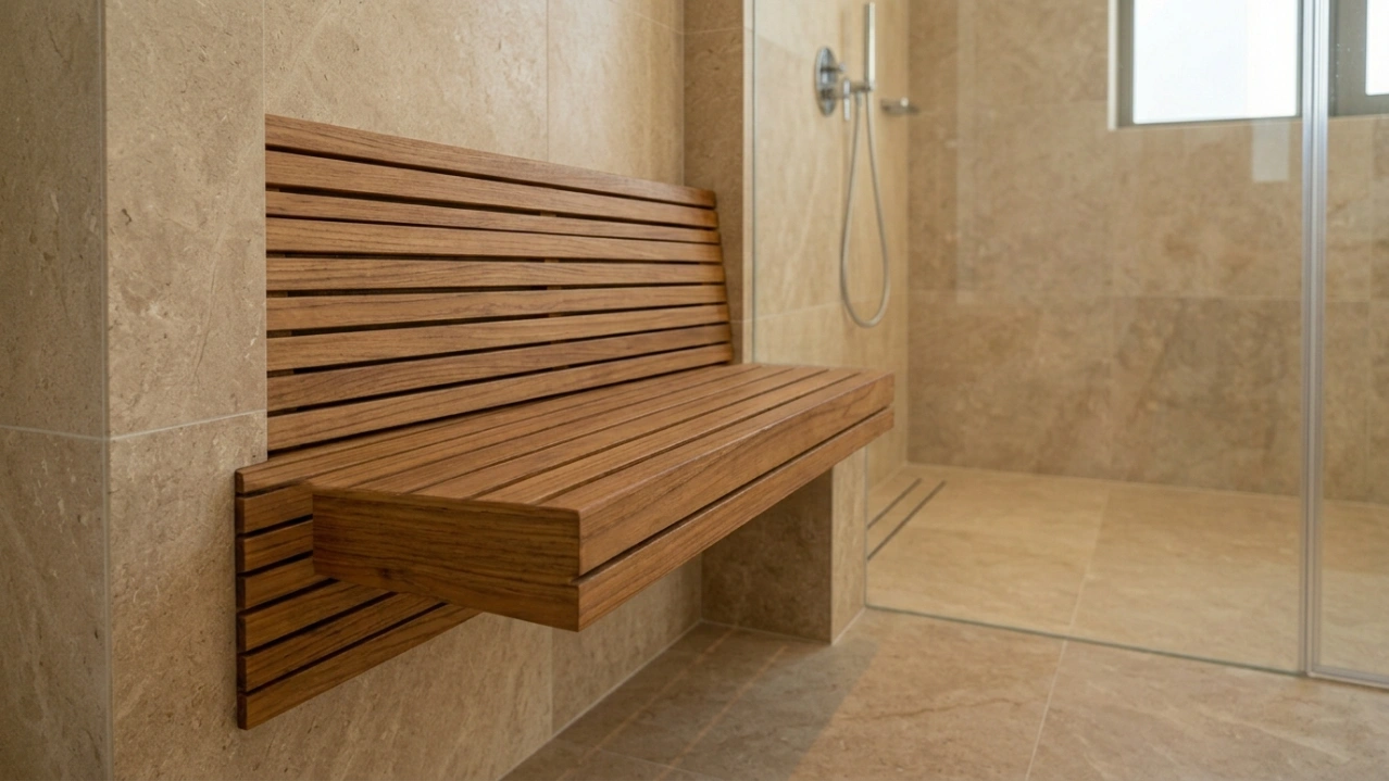 Custom built-in cantilevered teak slat shower bench in wet room of The Lakes Dubai villa master bathroom