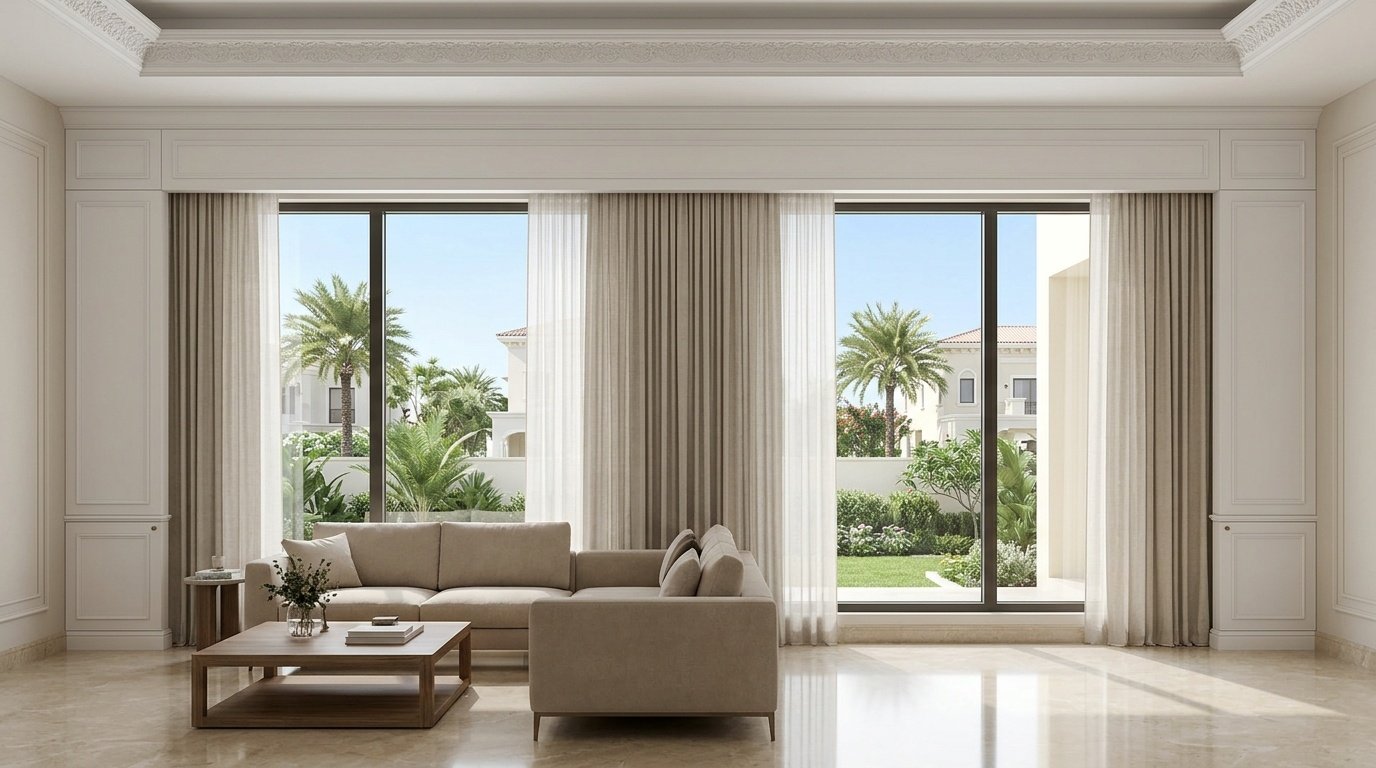 Custom built-in window frame pelmet and cornice joinery with motorised track housing in Meadows Dubai villa living room