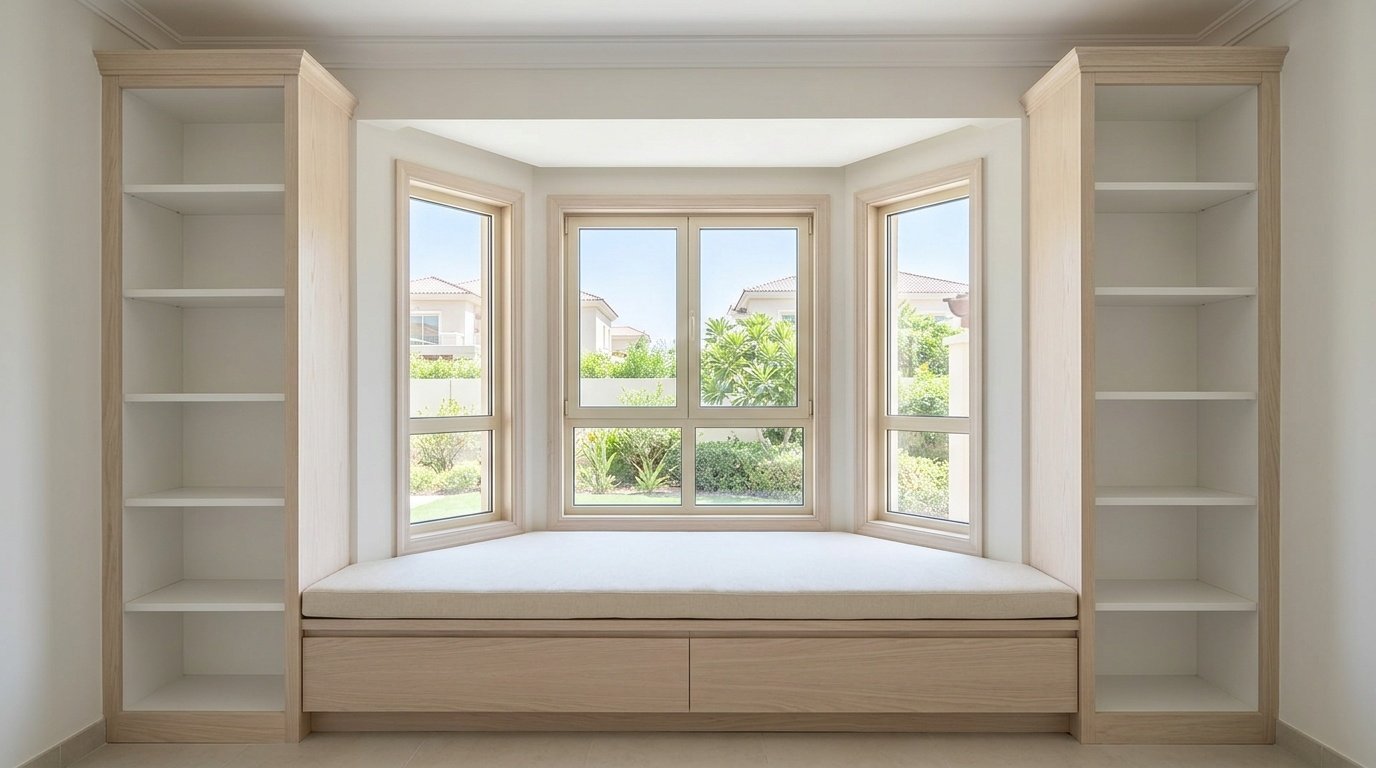 Custom built-in window seat bench with flanking bookcase towers in ash wood in The Springs Dubai villa living room
