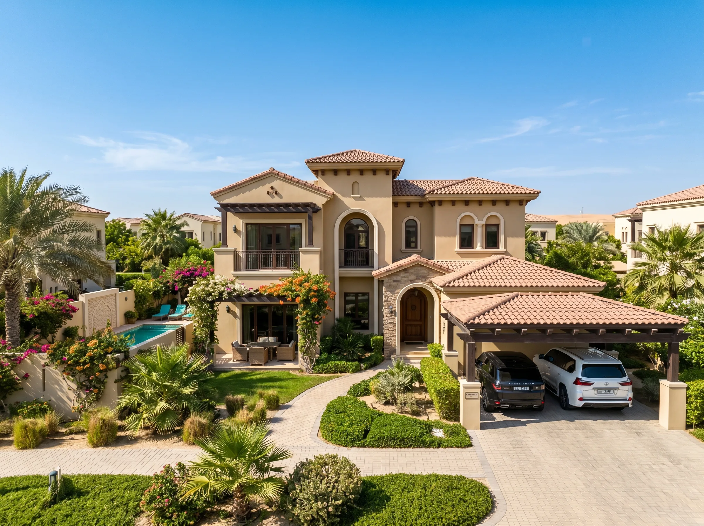 Luxury villa exterior in Arabian Ranches Dubai UAE with elegant family home architecture and landscaped surroundings