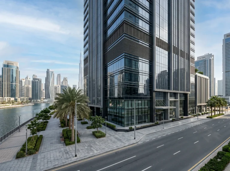 Business Bay corporate office project Dubai UAE modern commercial tower exterior design with glass facade