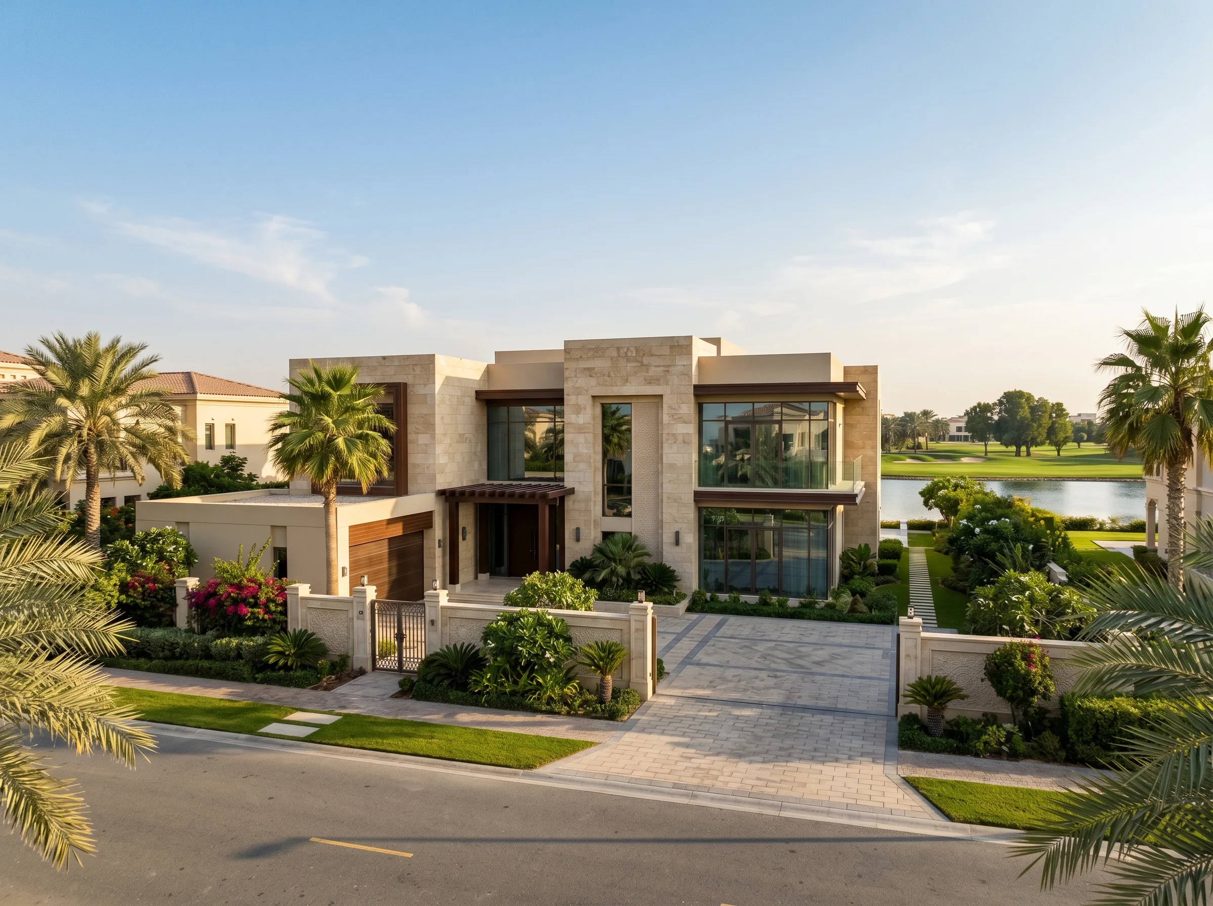 Emirates Hills villa design project Dubai UAE featuring luxury modern mansion architecture and landscaped exterior