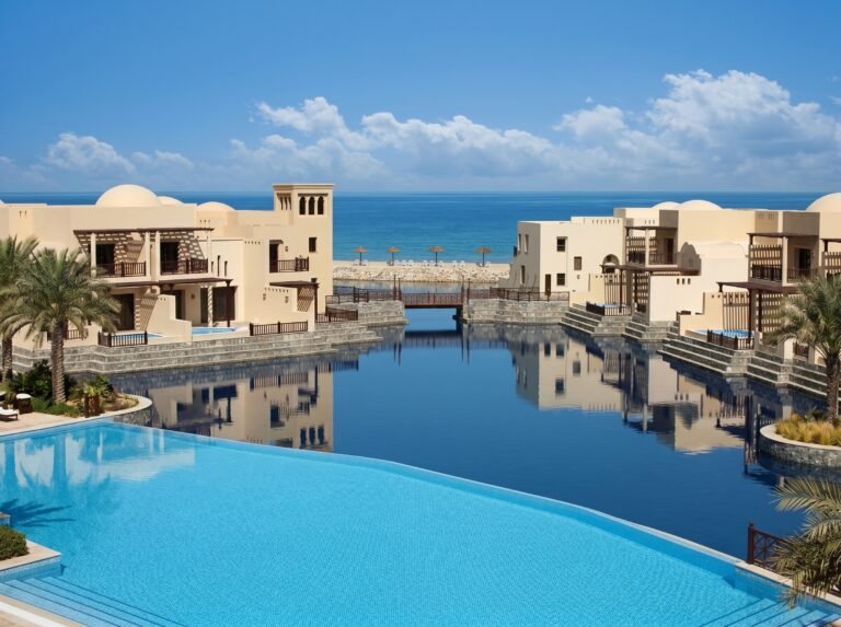 Luxury beachfront hotel exterior in Ras Al Khaimah UAE with modern resort architecture