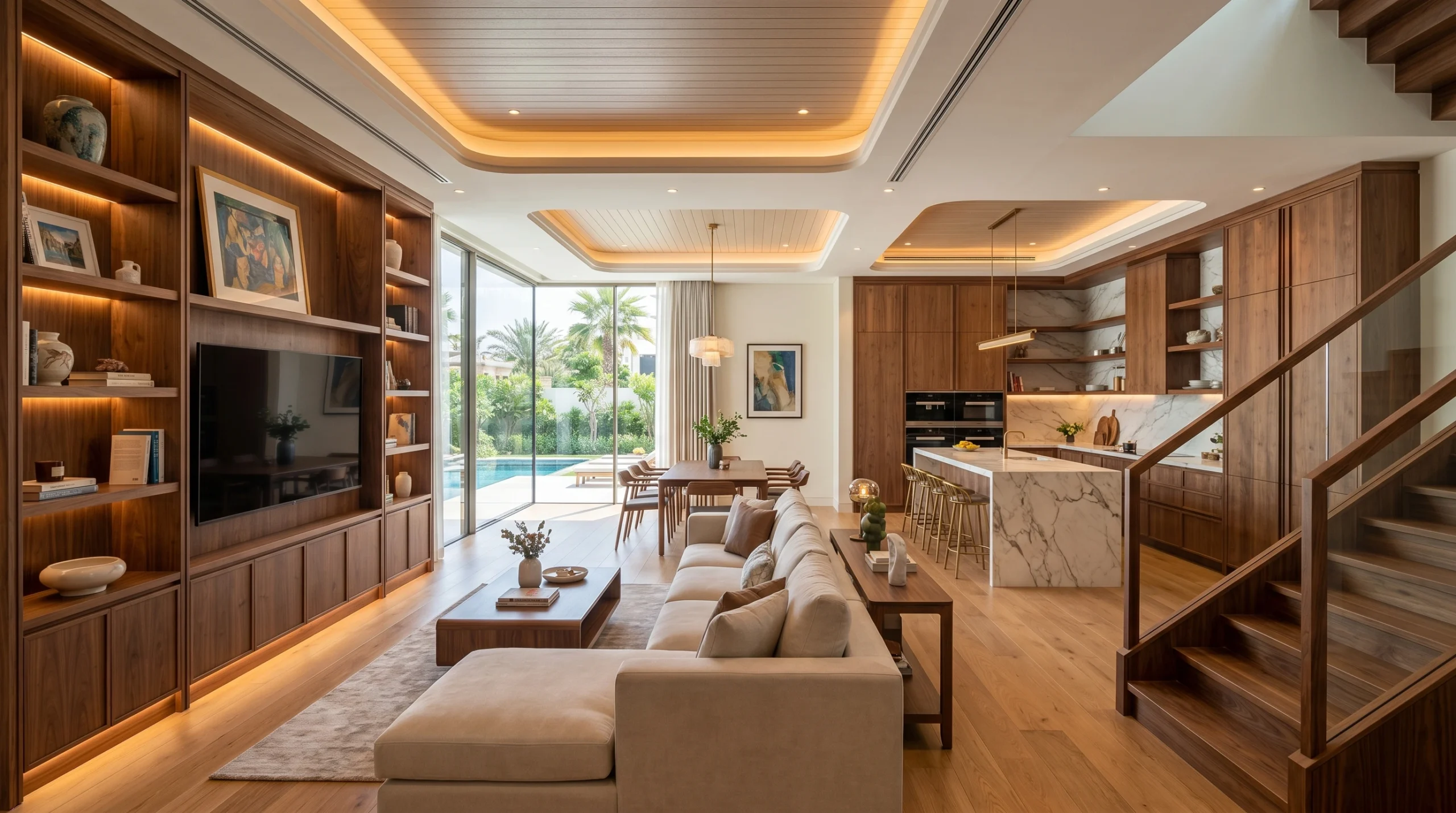  Full villa carpentry fit-out in Dubai showing custom joinery across living room and kitchen in a luxury villa
