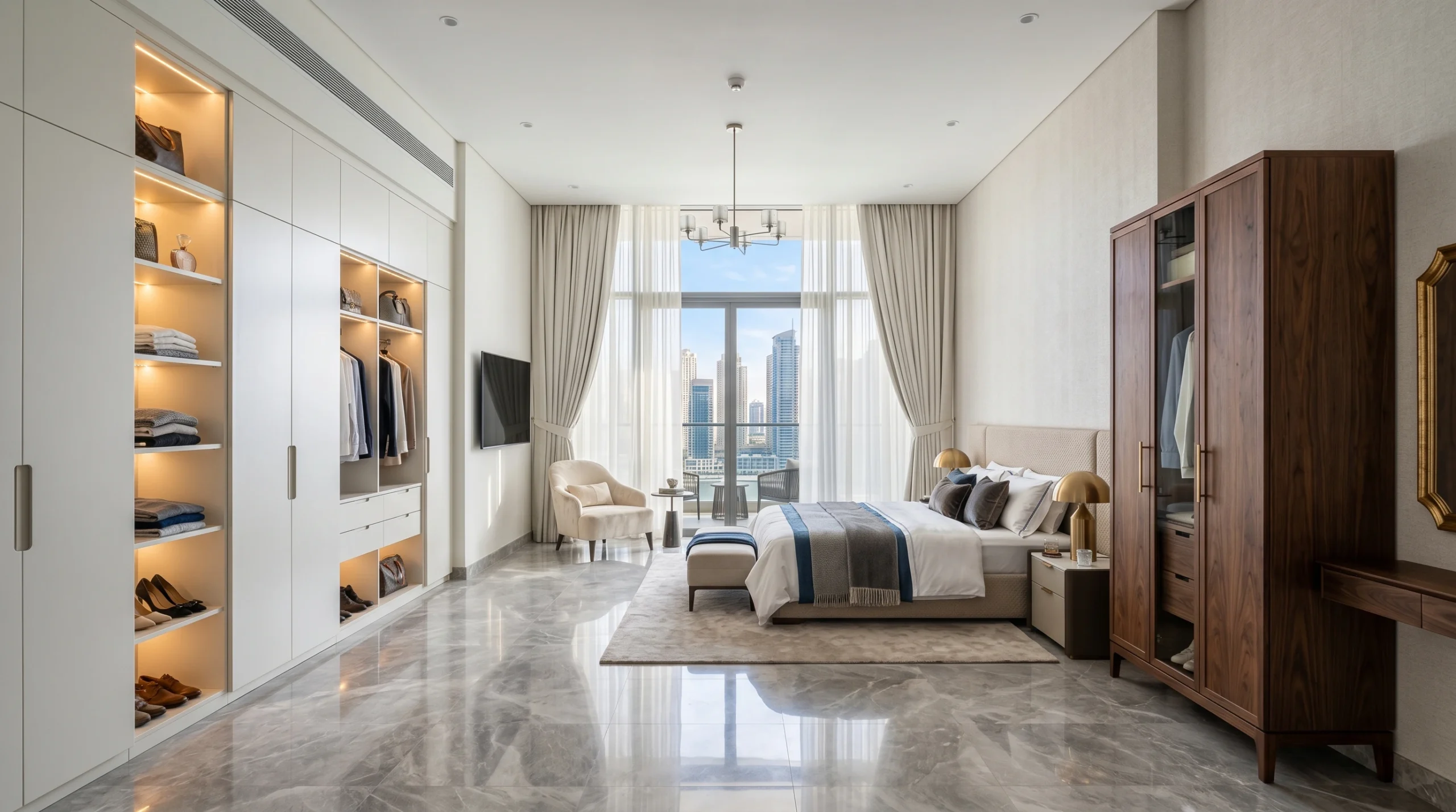 Built-in vs freestanding wardrobe comparison in a Dubai bedroom by Karnak Carpentry
