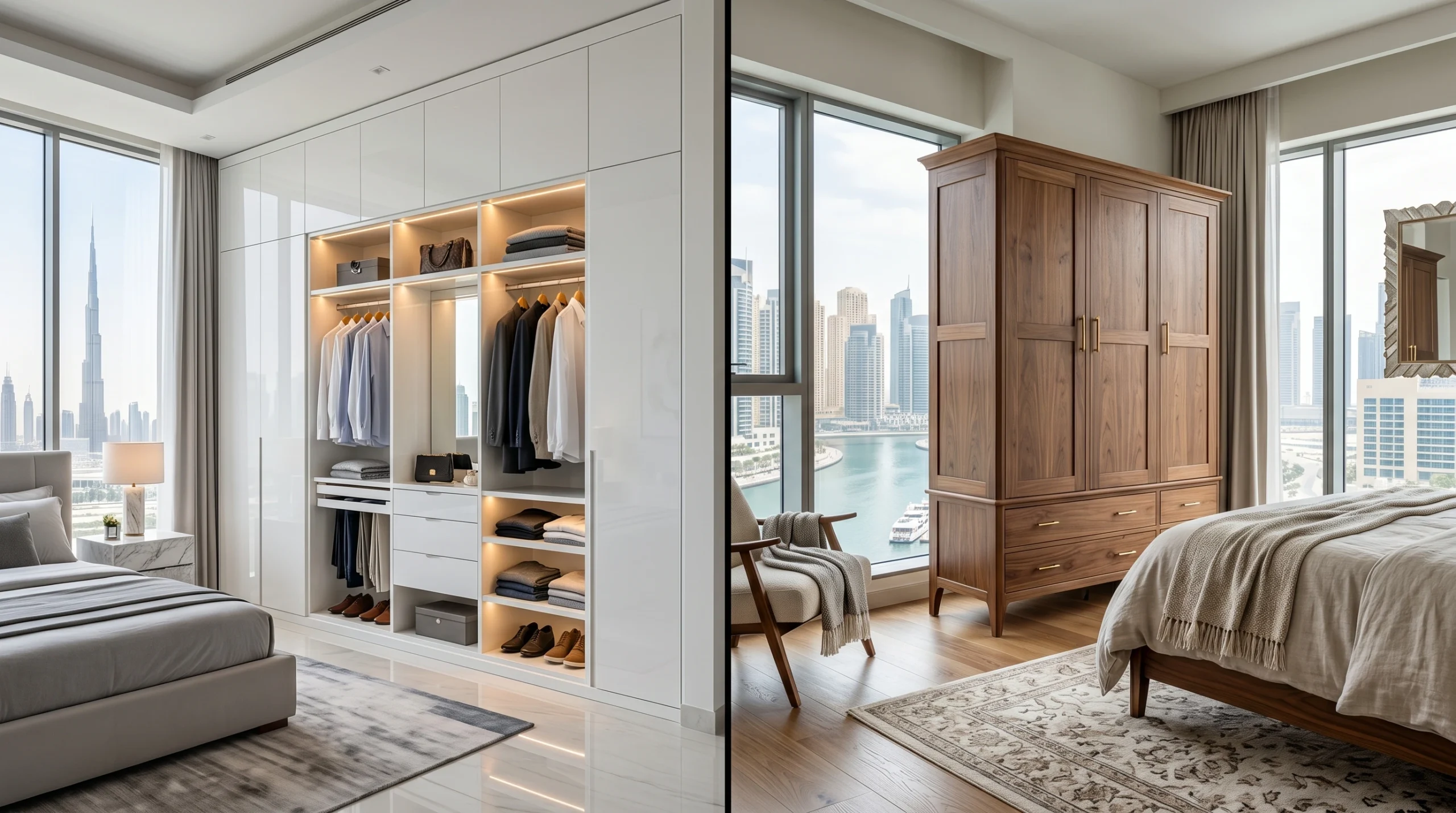 Side by side comparison of built-in and freestanding wardrobe in Dubai bedrooms