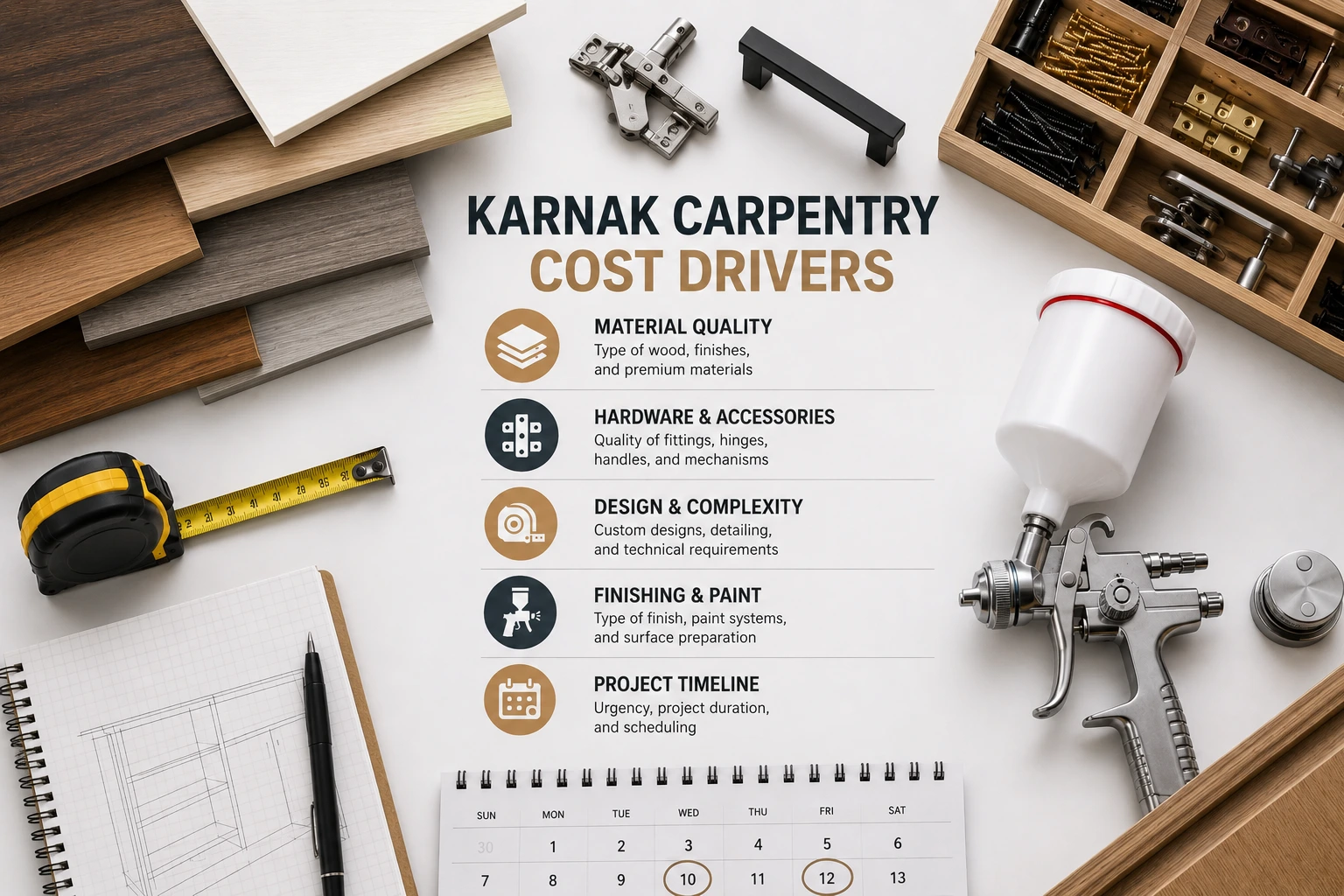 Visual breakdown of carpentry cost drivers in Dubai including materials, hardware, labour and finishing