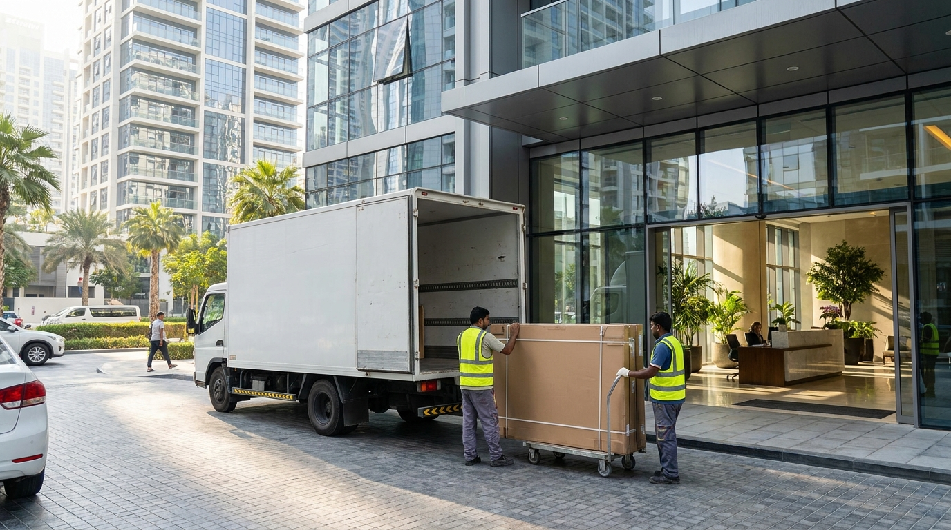 Carpentry installation delivery truck at Dubai residential building loading bay