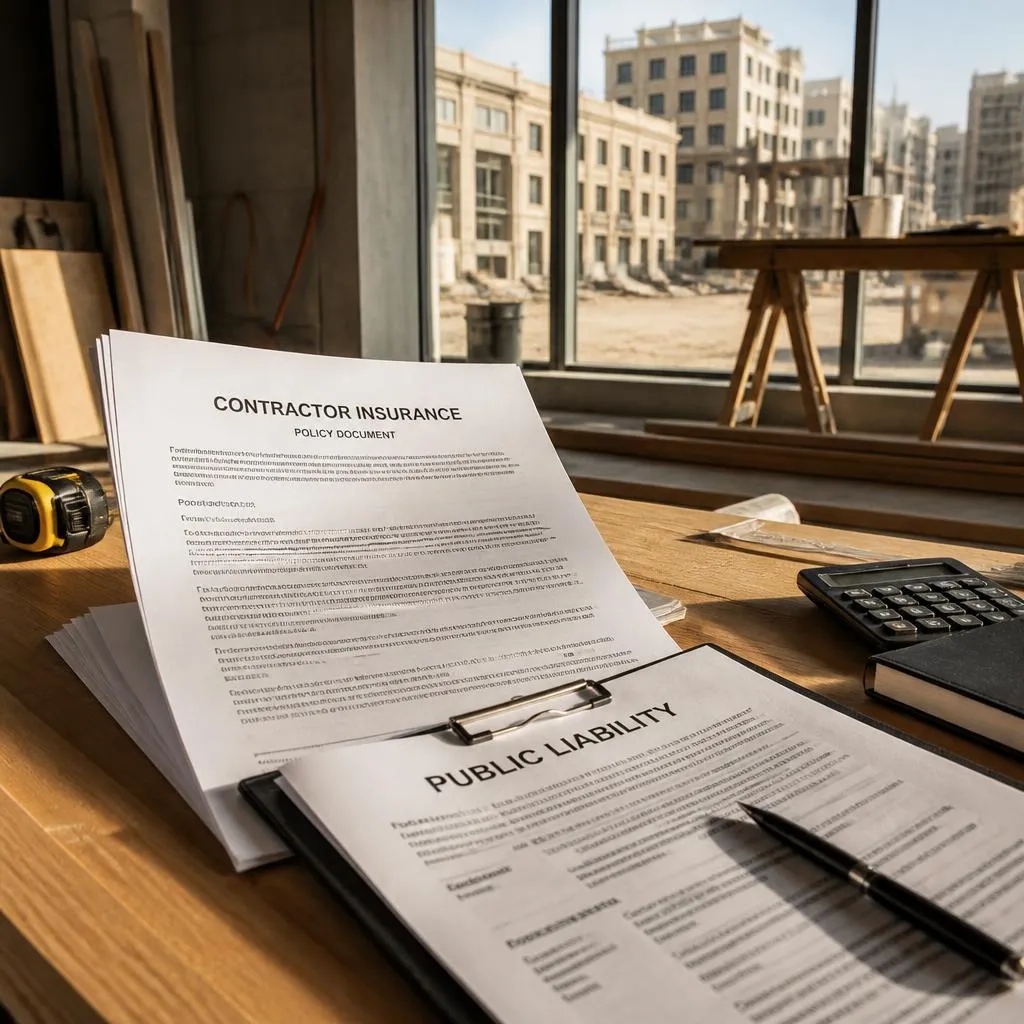 Carpentry contractor reviewing insurance documents and liability terms for a Dubai project