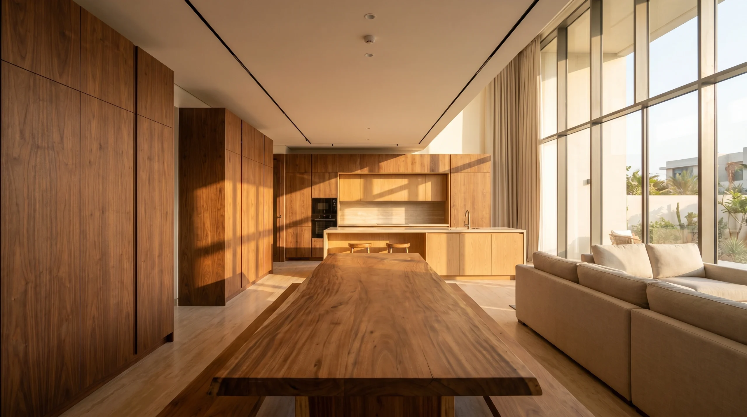 Carpentry material lifespan Dubai, custom wood wardrobes and kitchen cabinets in a Dubai villa interior