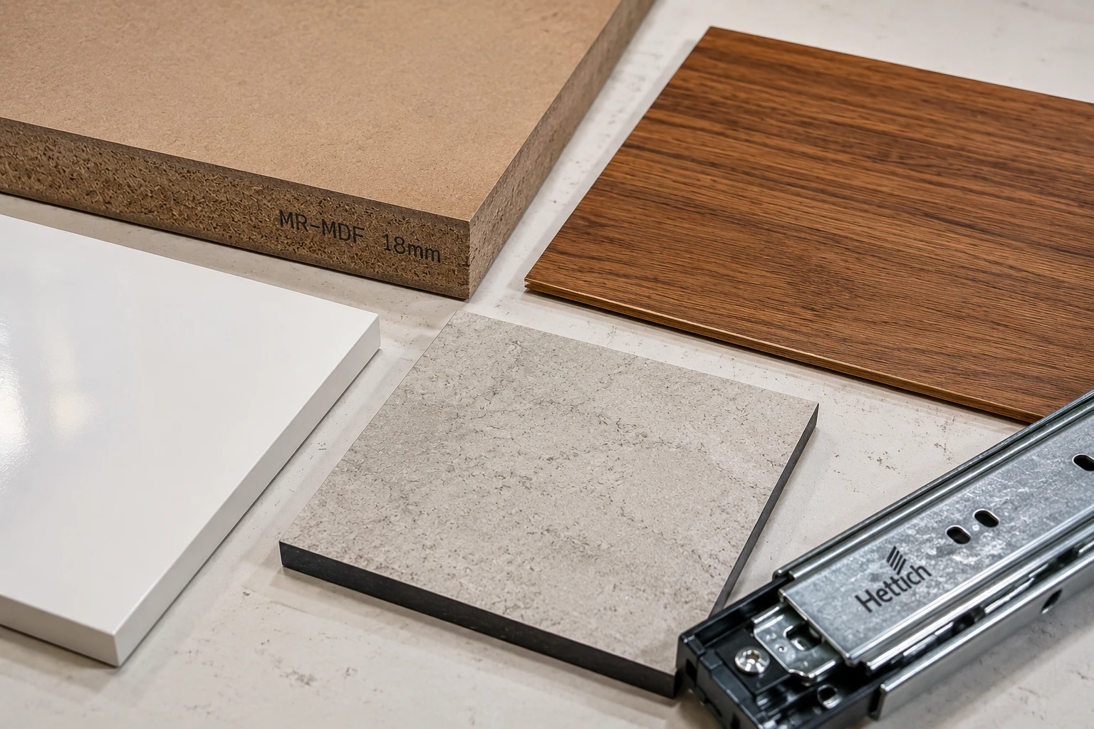 Carpentry material samples for Dubai quote comparison including MDF, veneer, and laminate specifications