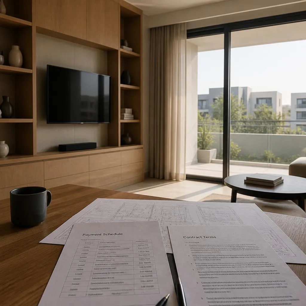 Dubai homeowner reviews a carpentry project payment schedule and contract terms