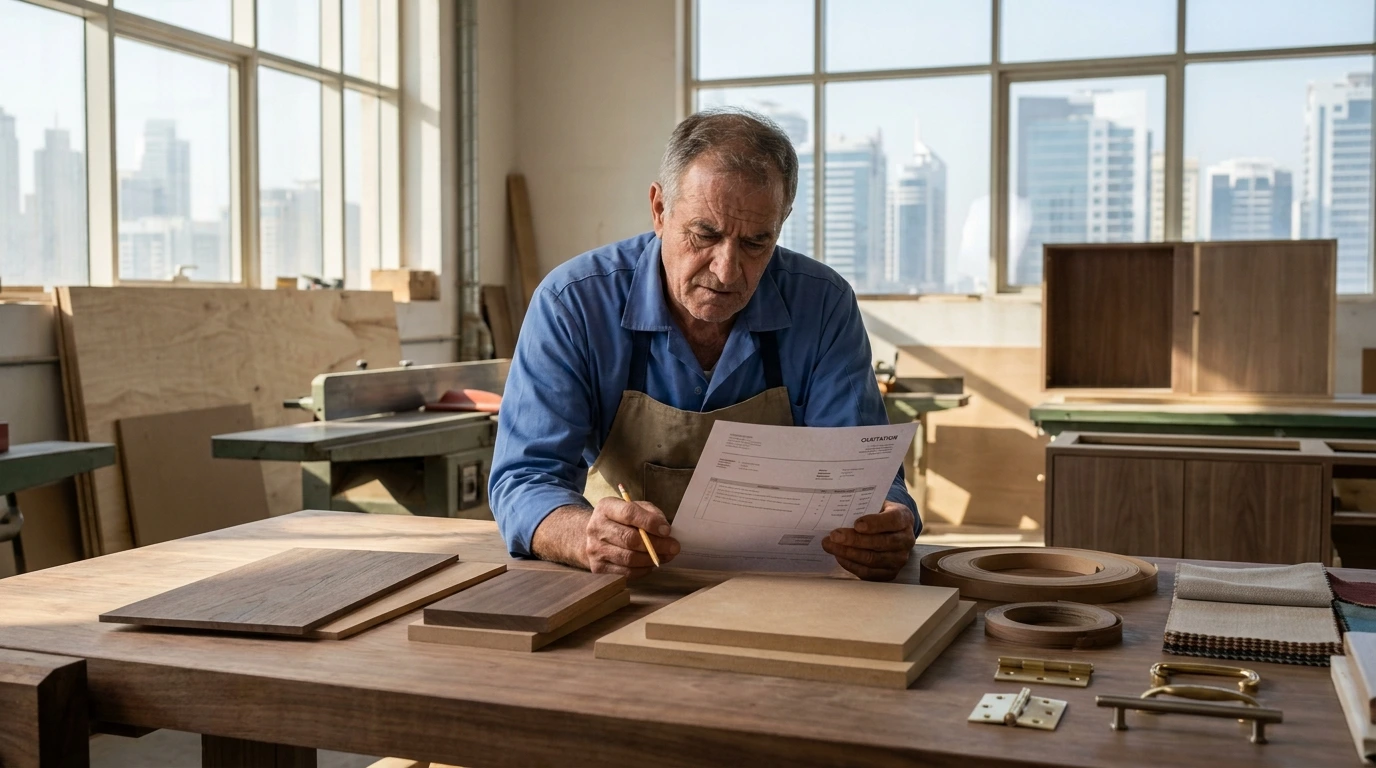 Carpentry quote breakdown Dubai, carpenter reviewing detailed quotation with material samples on workbench