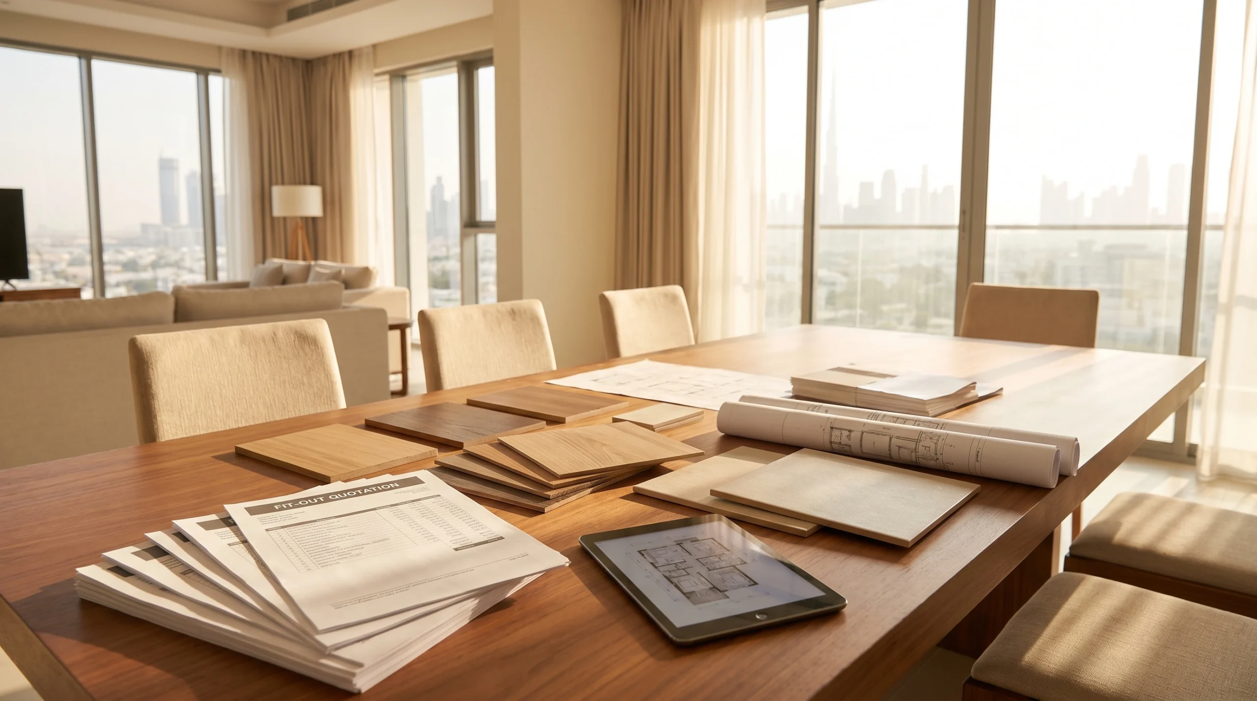 Villa owner reviewing and comparing multiple villa fit-out quotes in Dubai spread across a table with material samples and floor plans