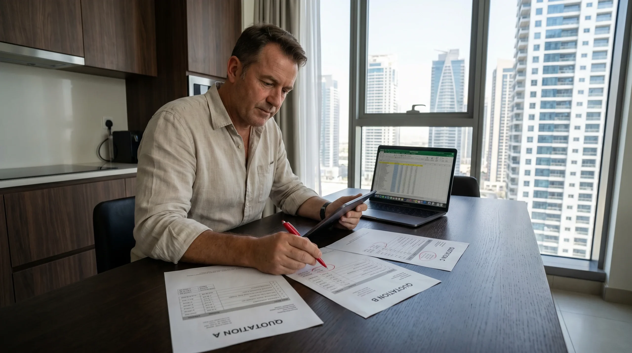 Homeowner comparing carpentry quotes in Dubai, reviewing multiple quotation documents side by side