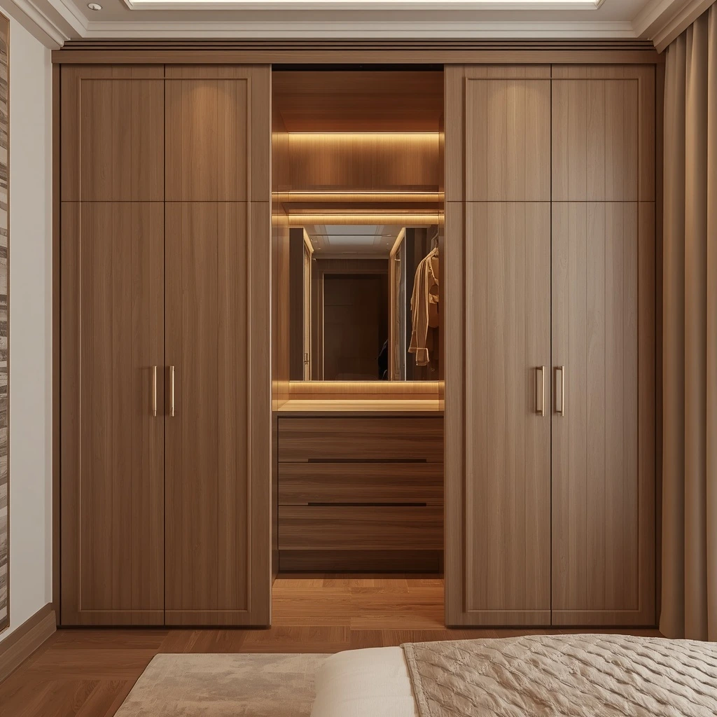 Completed custom wardrobe carpentry project in Dubai villa showing quality joinery and finish