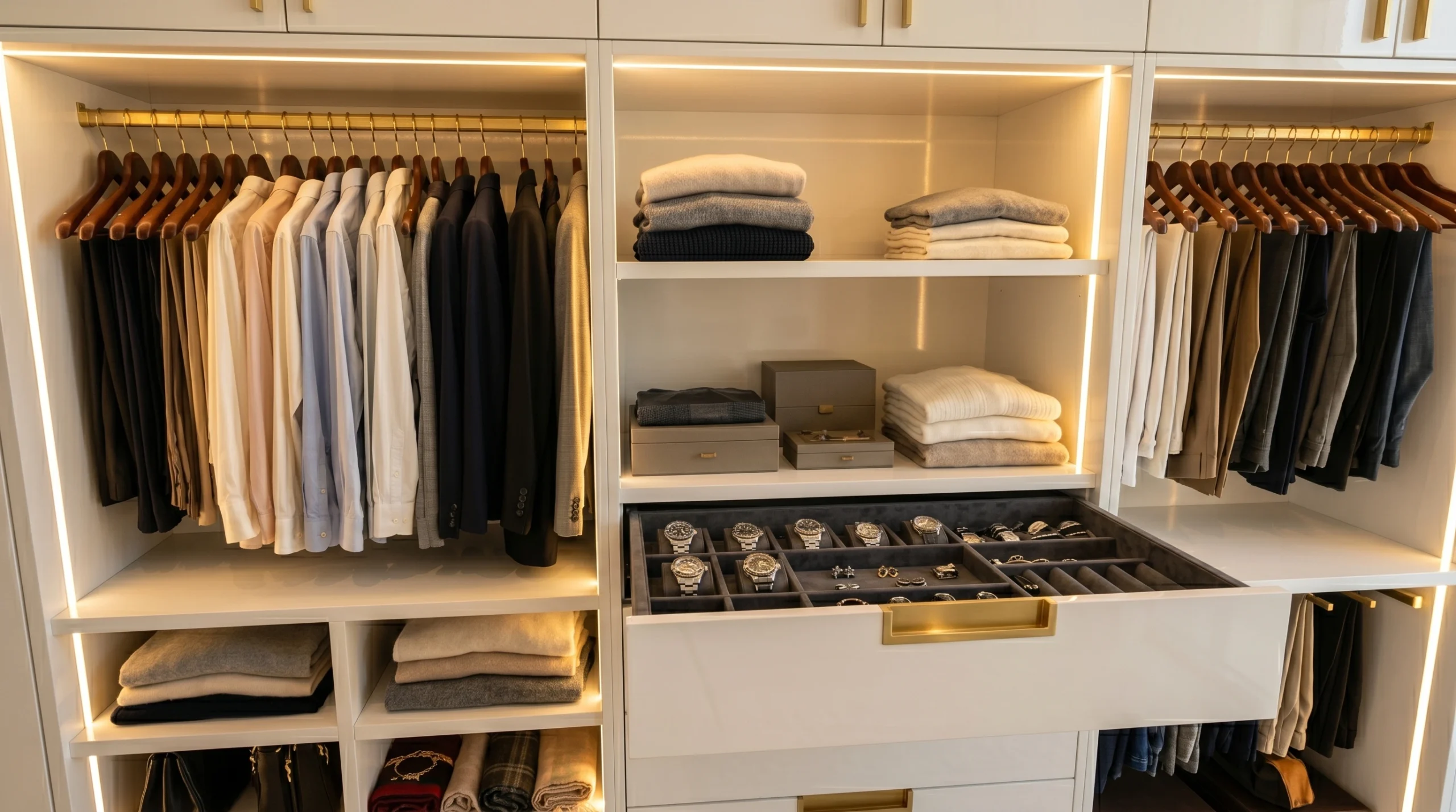 Custom built-in wardrobe interior with LED lighting and organized storage in Dubai home