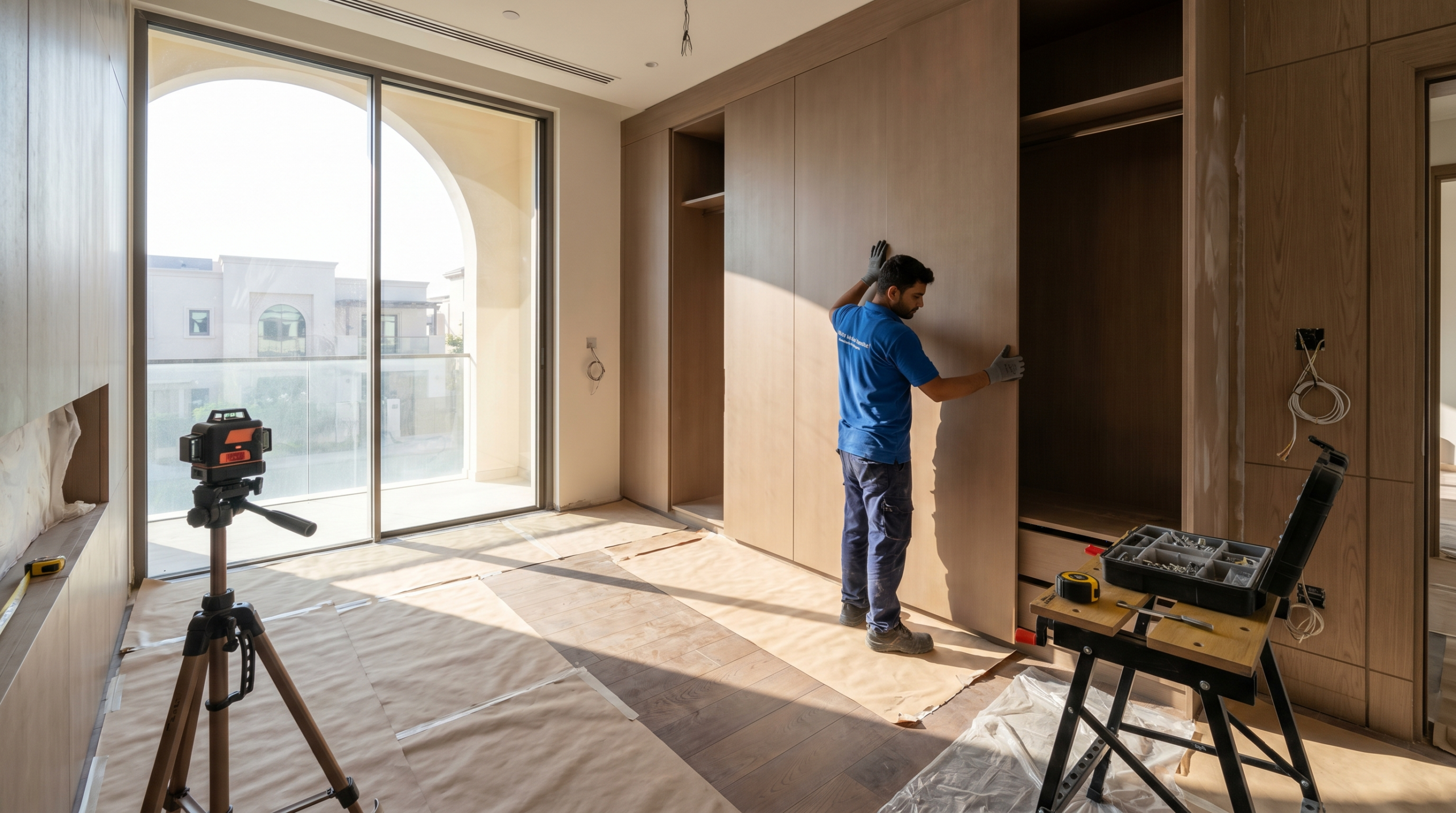 Skilled carpenter installing custom built-in wardrobes and joinery inside a luxury villa in Dubai during the fit-out works stage