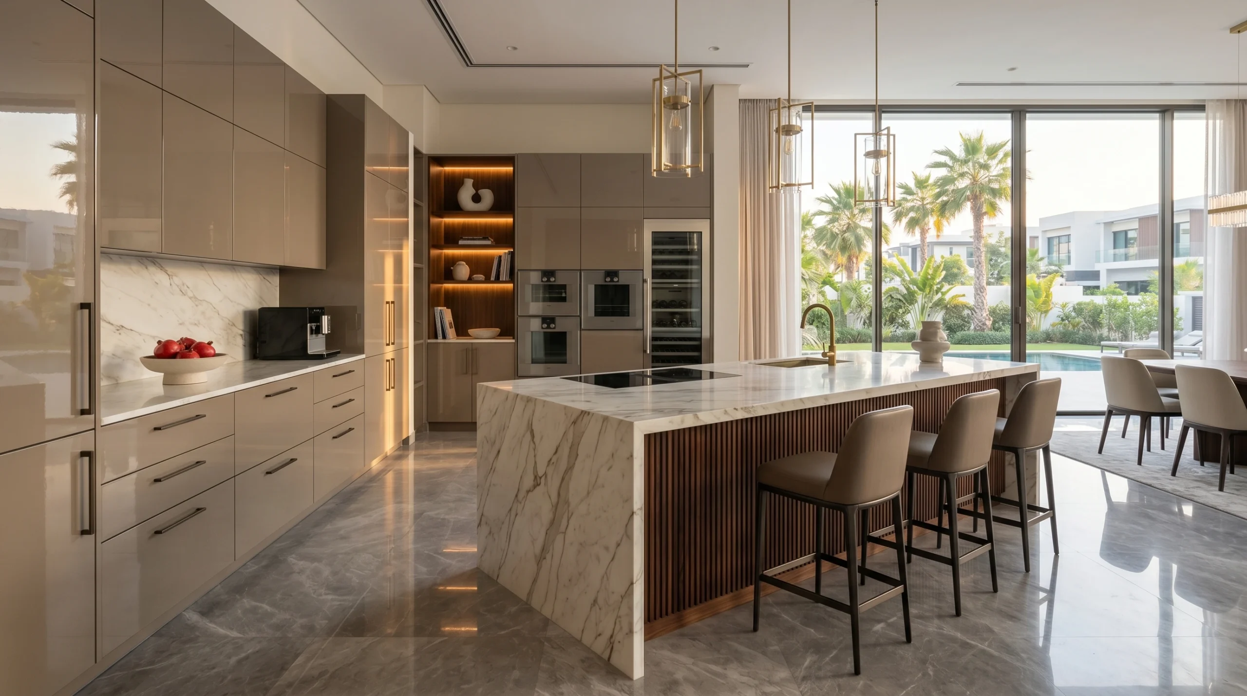  Custom kitchen cabinetry with island joinery in a luxury Dubai villa fit-out featuring lacquer finish and Blum hardware