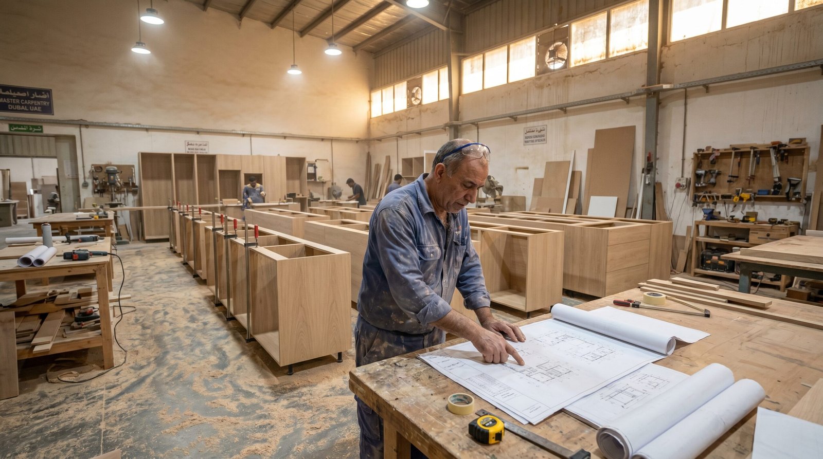 Custom kitchen cabinets being crafted in Karnak Carpentry's Dubai workshop, showing the manufacturing process