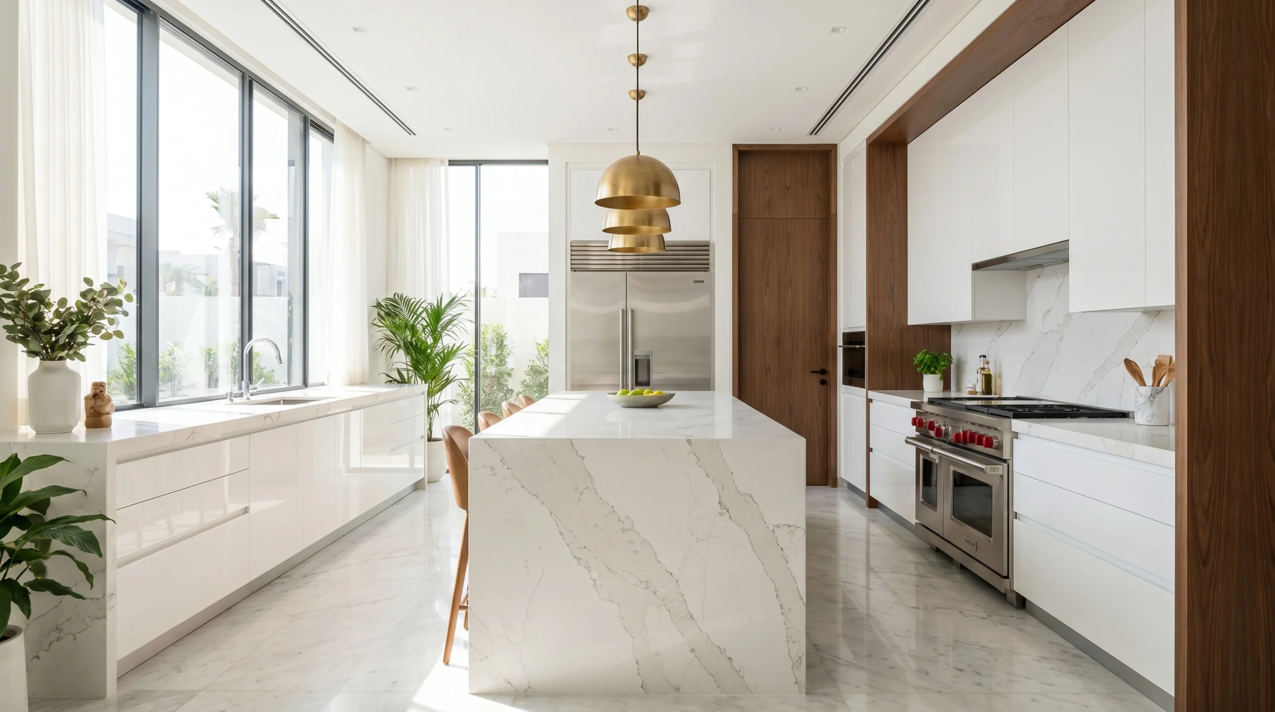 Custom kitchen cost Dubai 2026, bespoke white lacquer kitchen in Dubai villa by Karnak Carpentry