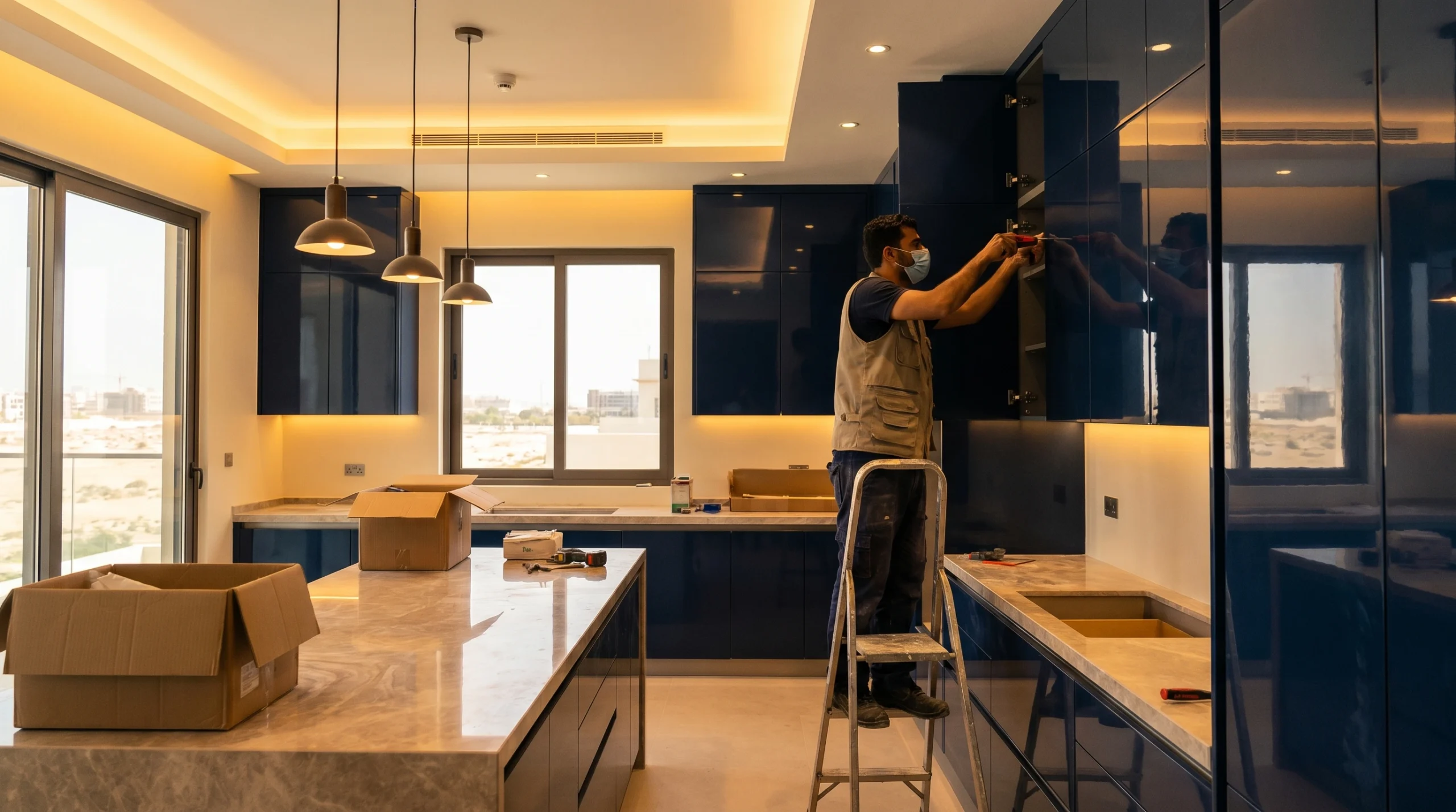 Custom kitchen installation in Dubai villa by Karnak Carpentry, navy lacquer cabinets 2026