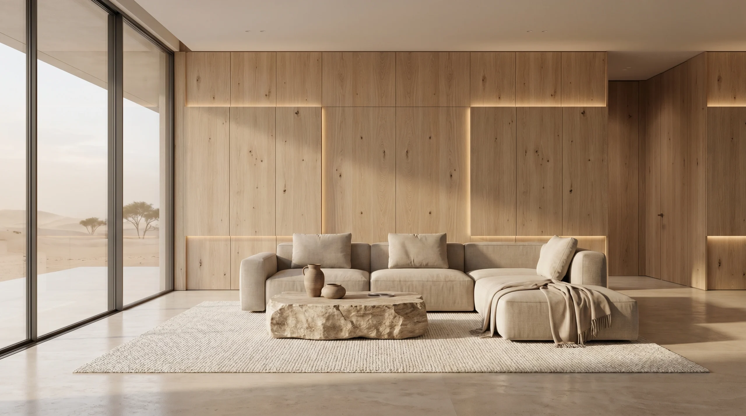 Custom oak veneer wall paneling in a luxury Dubai villa living room by Karnak Carpentry 
