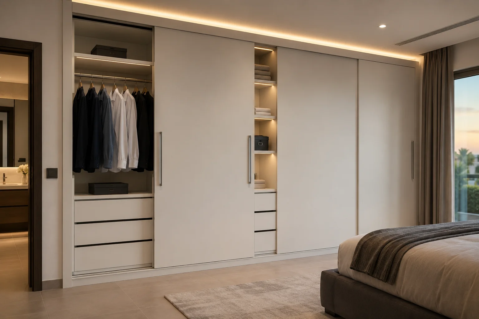 Custom built-in wardrobe installed in Dubai villa by Karnak Carpentry, white matte lacquer finish with integrated lighting