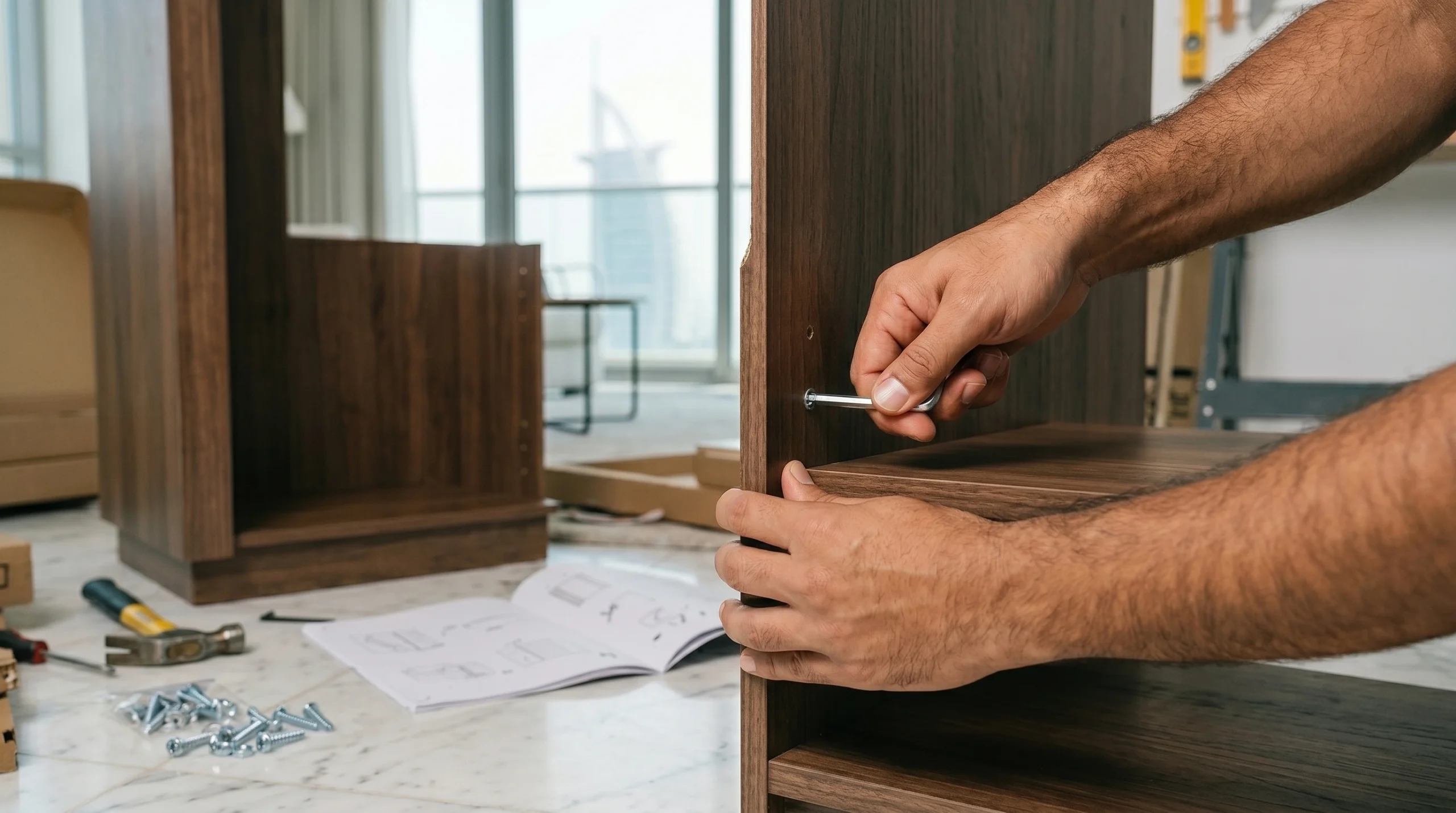 DIY flat pack furniture assembly inside Dubai apartment, homeowner building wooden shelving unit