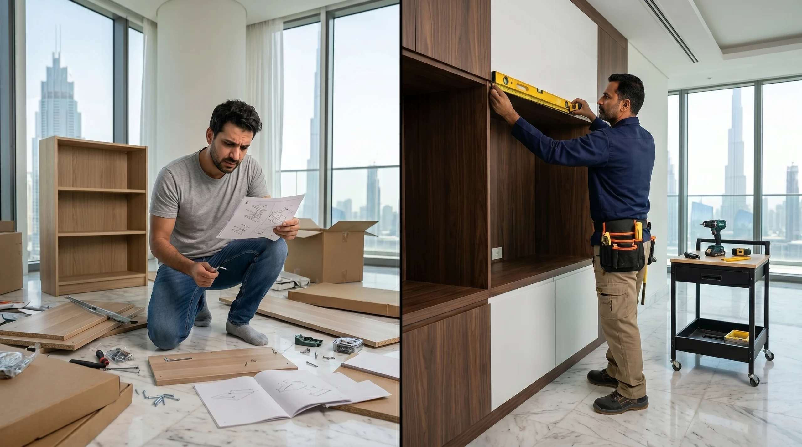 DIY vs professional carpenter Dubai, homeowner versus skilled tradesman comparison inside Dubai apartment