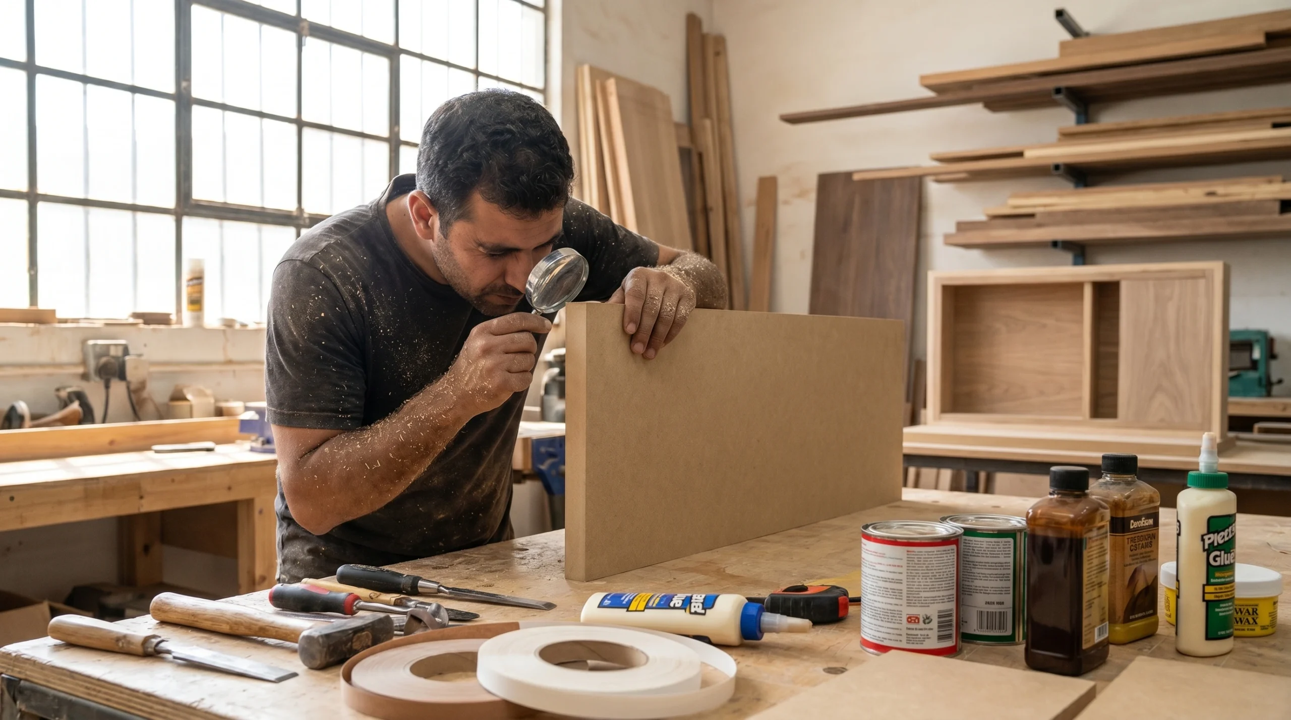 Karnak Carpentry craftsman inspecting MDF edge sealing in Dubai workshop, ensuring carpentry material quality and lifespan