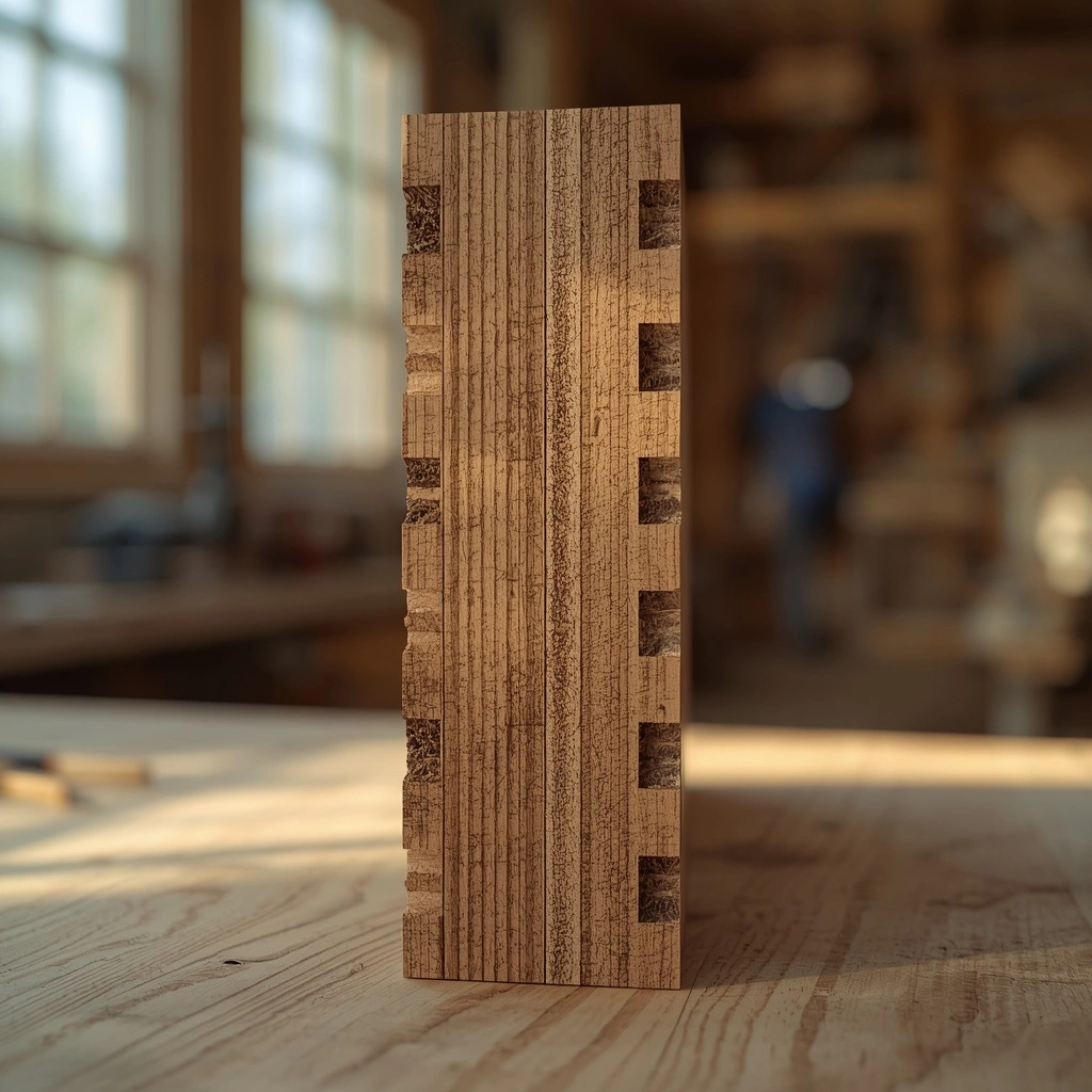 Engineered wood flooring cross-section showing hardwood veneer and plywood core layers