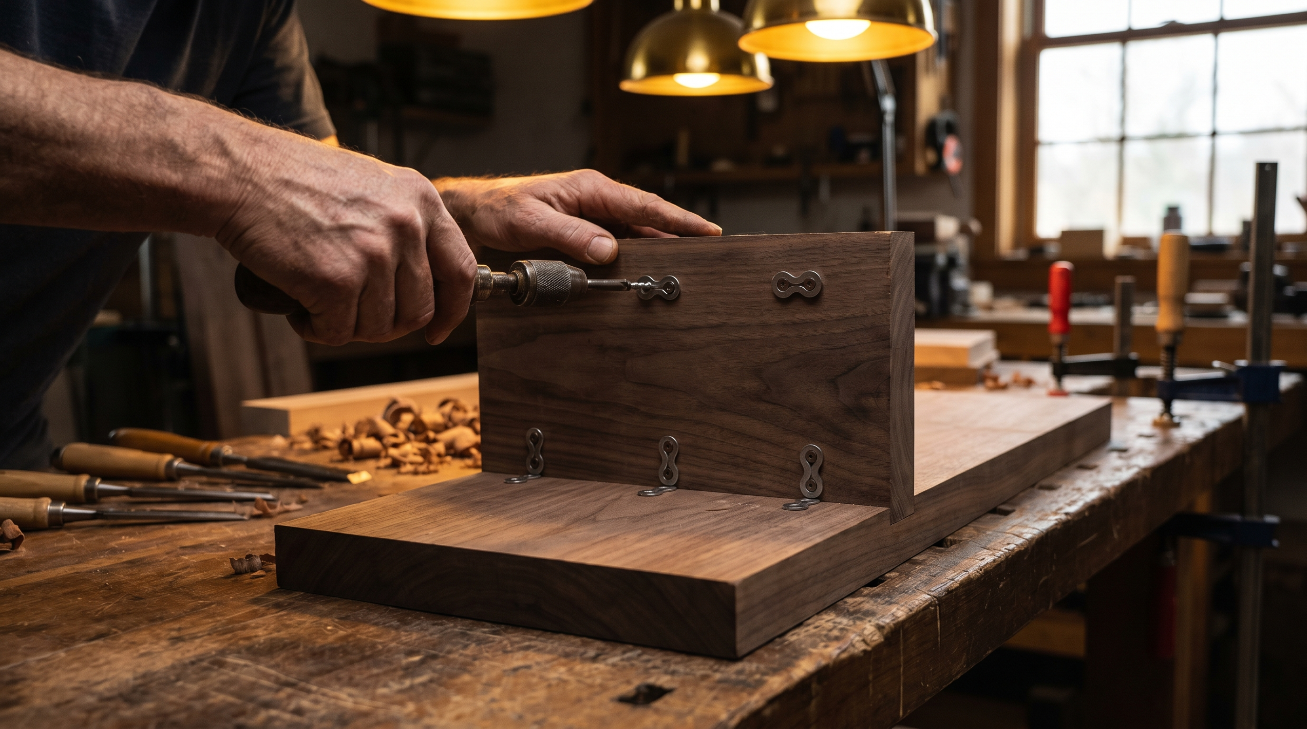 Craftsman installing figure-eight movement fasteners on solid walnut tabletop for UAE climate