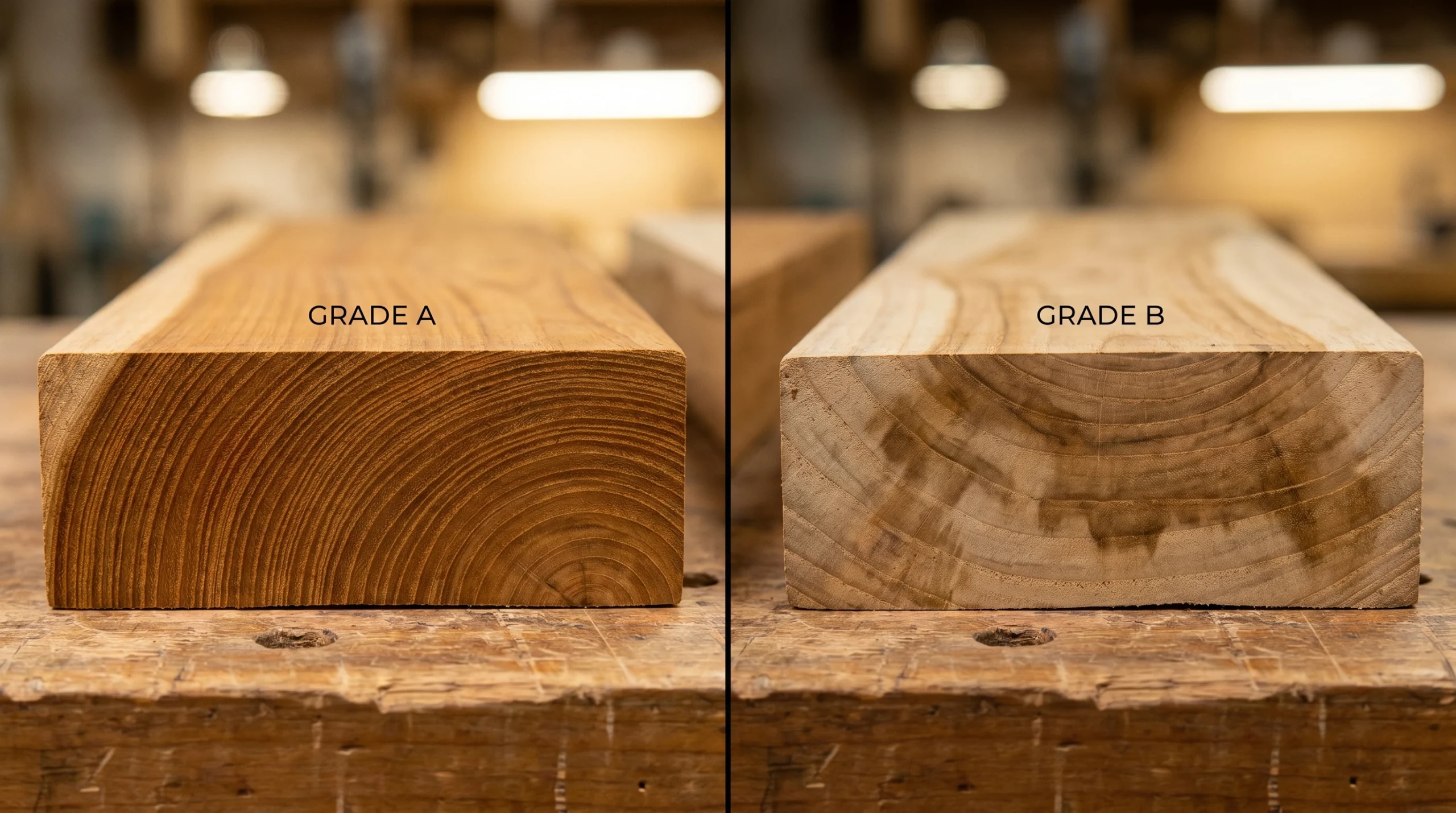 Grade A versus Grade B teak wood cross-section showing grain density difference for outdoor UAE projects