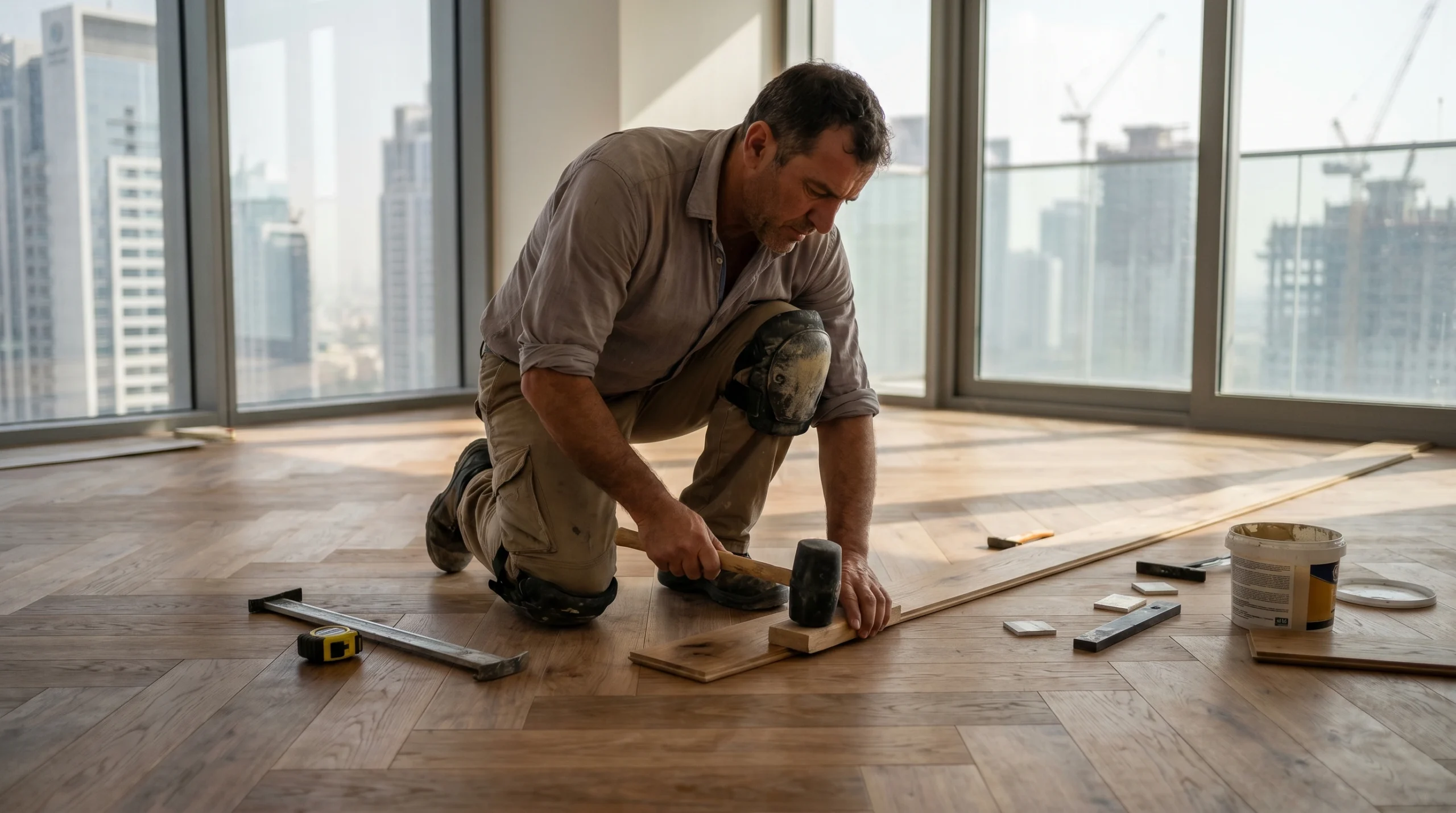 Professional hardwood floor installation process Dubai apartment showing herringbone pattern being laid 