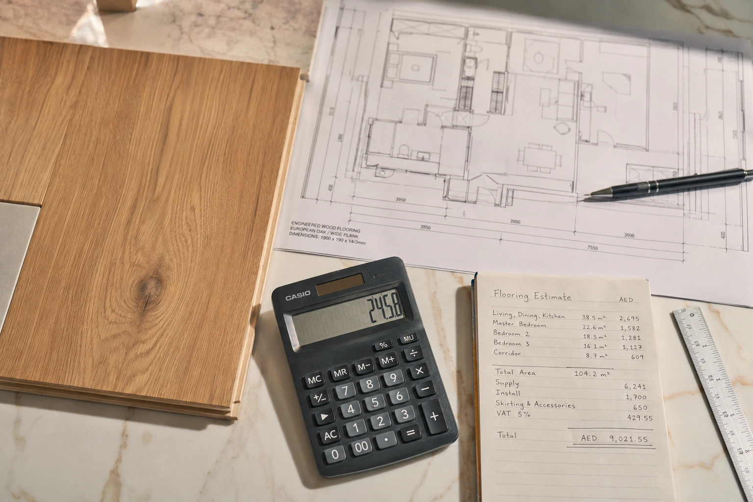Hardwood flooring cost guide Dubai 2026 showing planning materials floor samples and AED pricing 