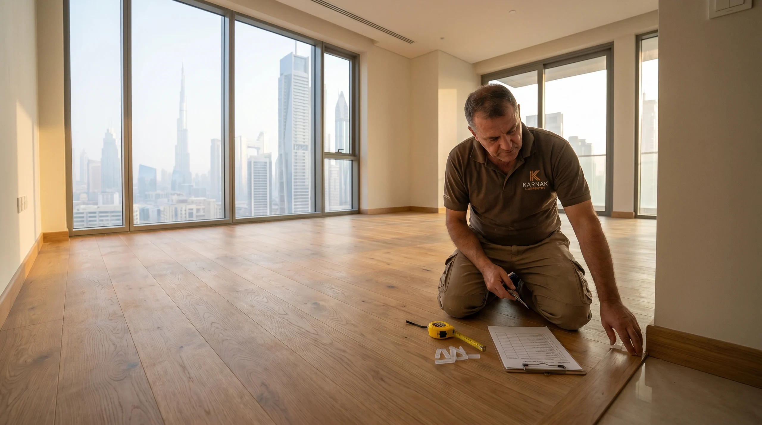 Hardwood flooring installation Dubai apartment with oak wide plank floor and city skyline view